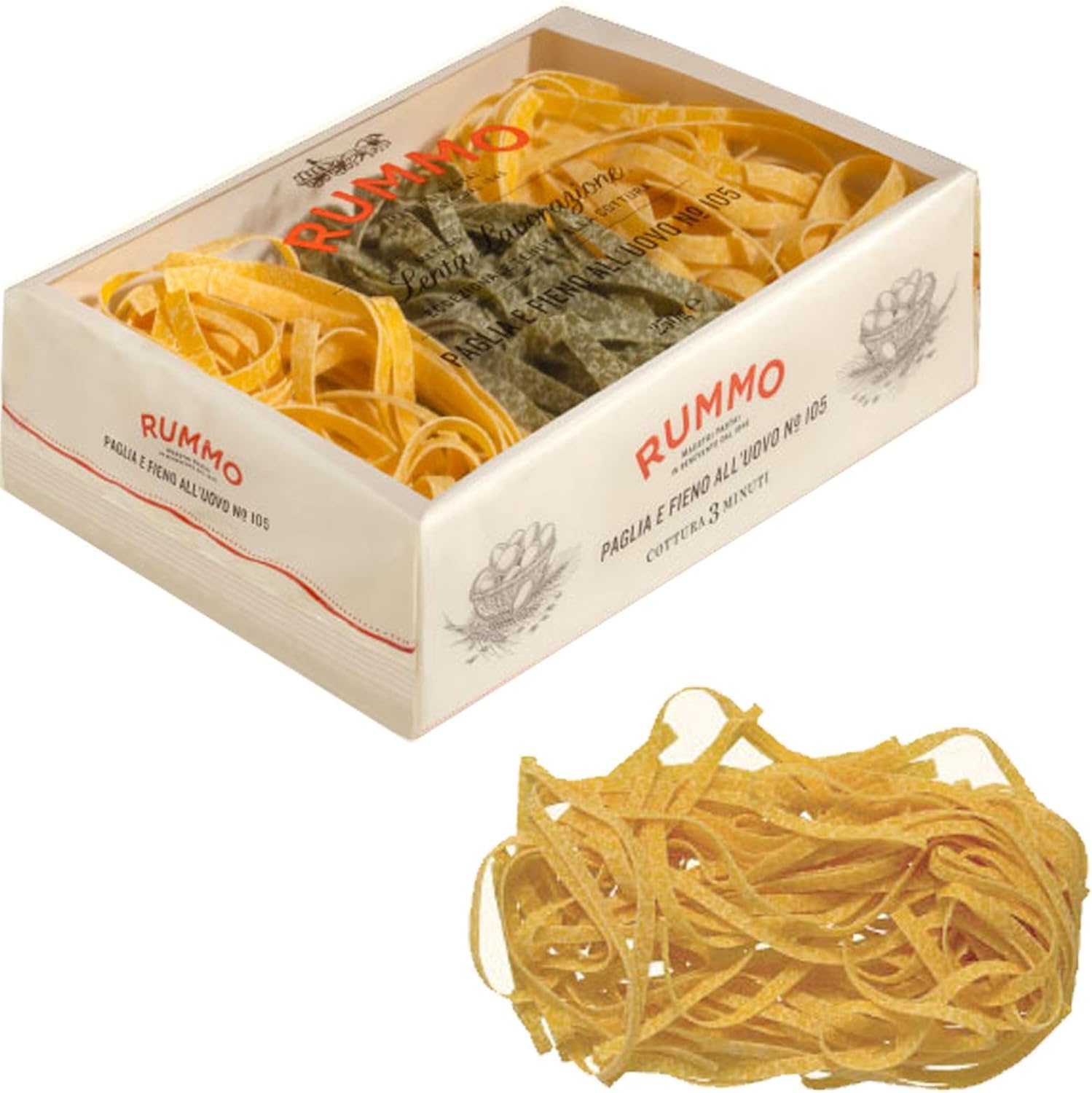 8x RUMMO PASTA ALL'UOVO PAGLIA E FIENO EGG PASTA STROH UND HEU N° 105 250 GR + Italian Gourmet Polpa 400 g
