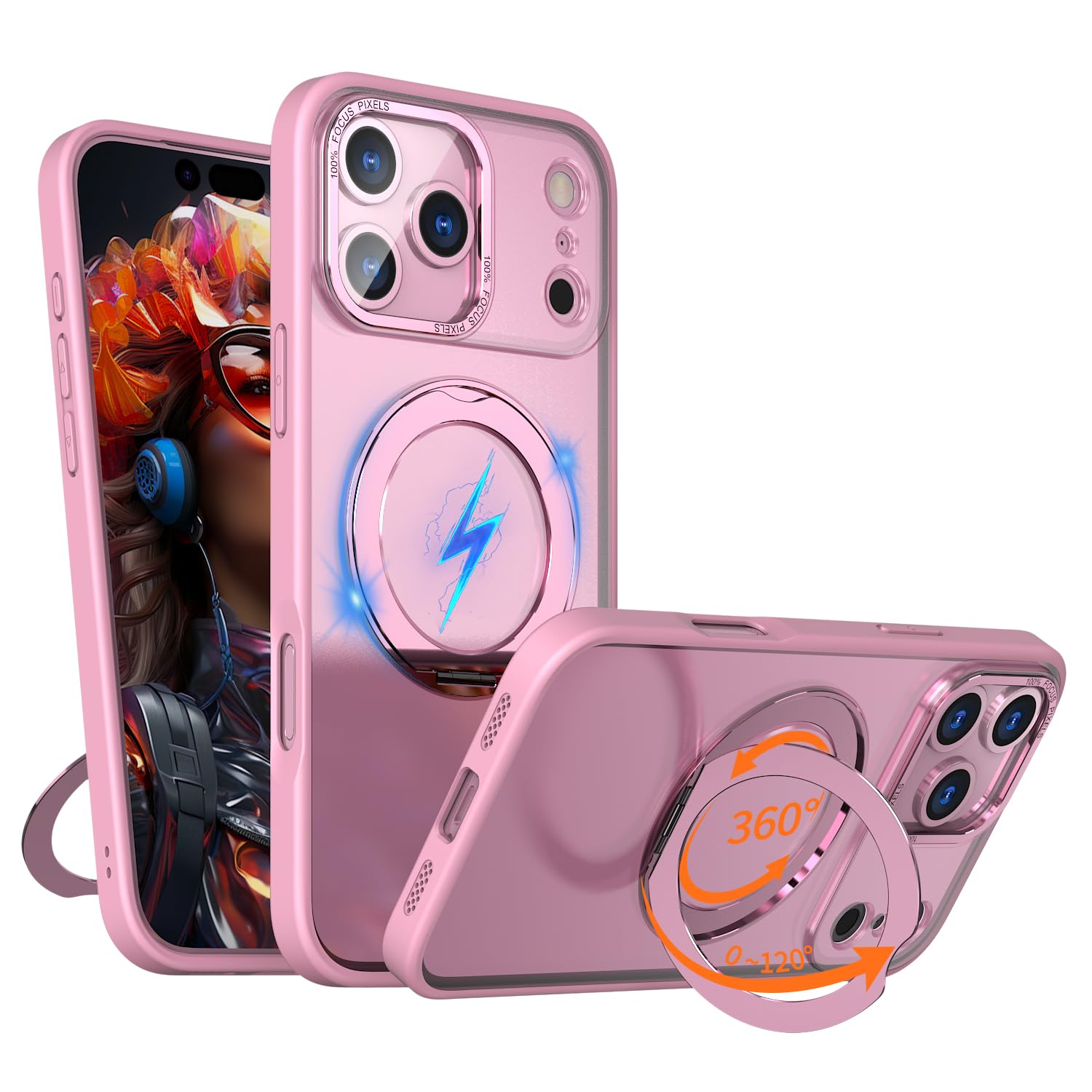 iPhone 17 Pro 用 ケース Magsafe対応 ワイヤレス充電 360°回転スタンド 縦横多角度調整可 スマホケース アイフォン 17 プロ用 半透明 指紋防止 米軍規格 耐衝撃 マグセーフ対応 リング マグネット搭載 アイホン17pro 向けの カバー (ピンク, iPhone 17 Pro用)