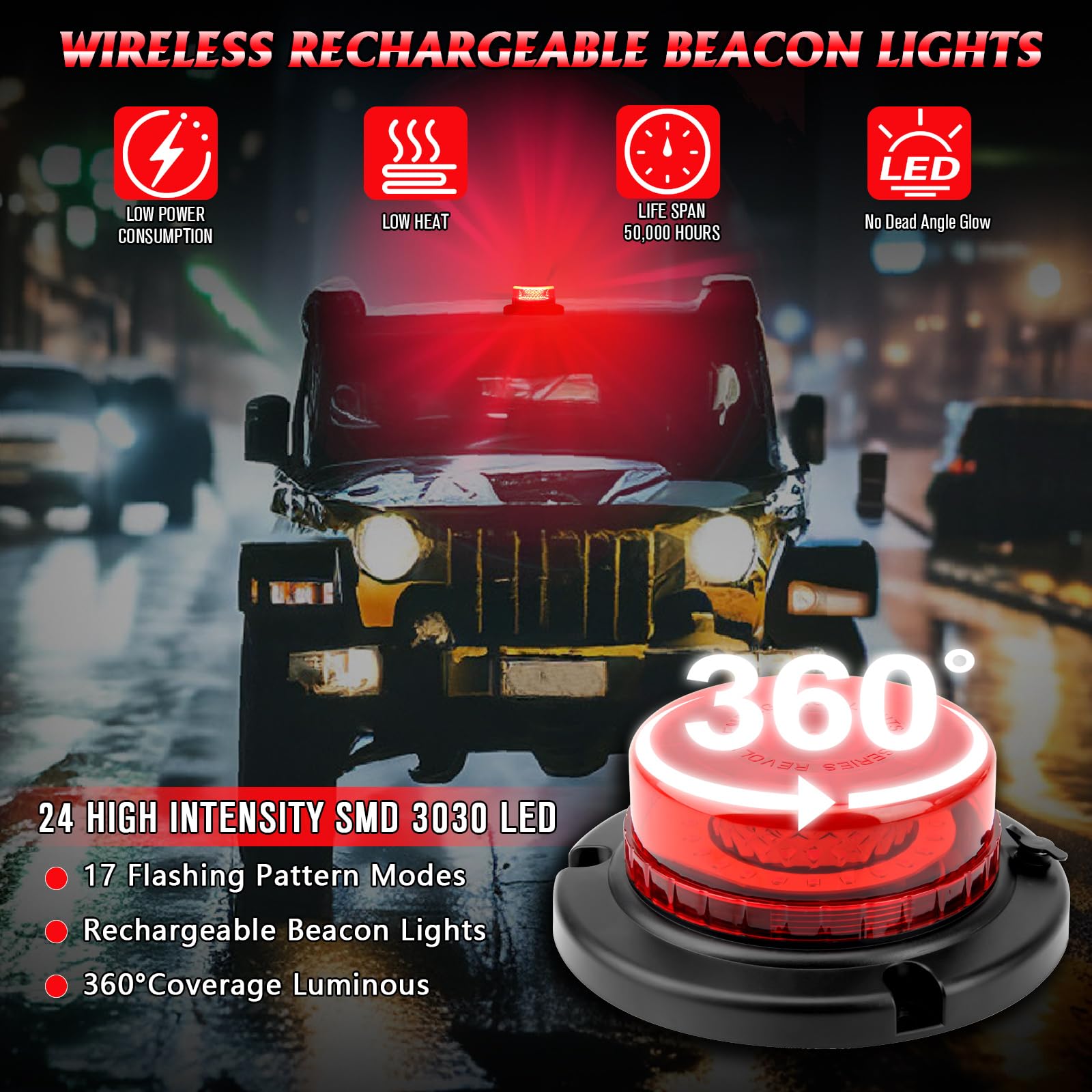 OPL5 Remote Control Red Beacon Light, Rechargeable Wireless Red Flashing Lights with Magnetic, High Low Brightness, 15 Modes Mini Emergency Warning Safety Light for Snowplow Tow Work Trucks Tractor