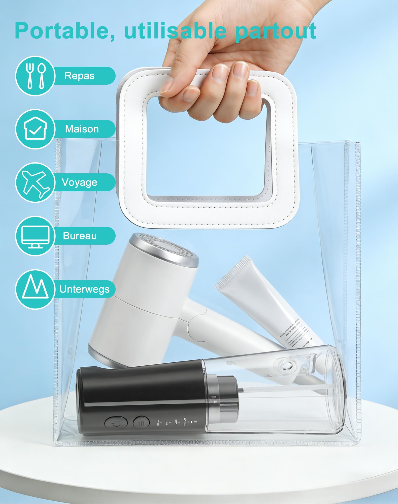 Jet Dentaire Hydropulseur Portable DIY, Hydropulseurs et Irrigateurs 5 Modes et 3 Intensités, Réservoir 300ML et Base Amovible, USB Chargé, Étanche IPX7, Sans BPA, Silencieux (Noir-01)