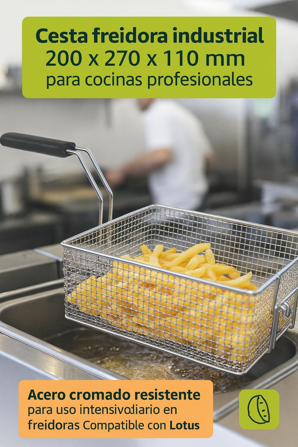 CubetasGastronorm ® Cesta Freidora Industrial Acero Cromado 200x270x110mm Compatible con Lotus Repuesto para Freidora Profesional Gas Eléctrica Hostelería