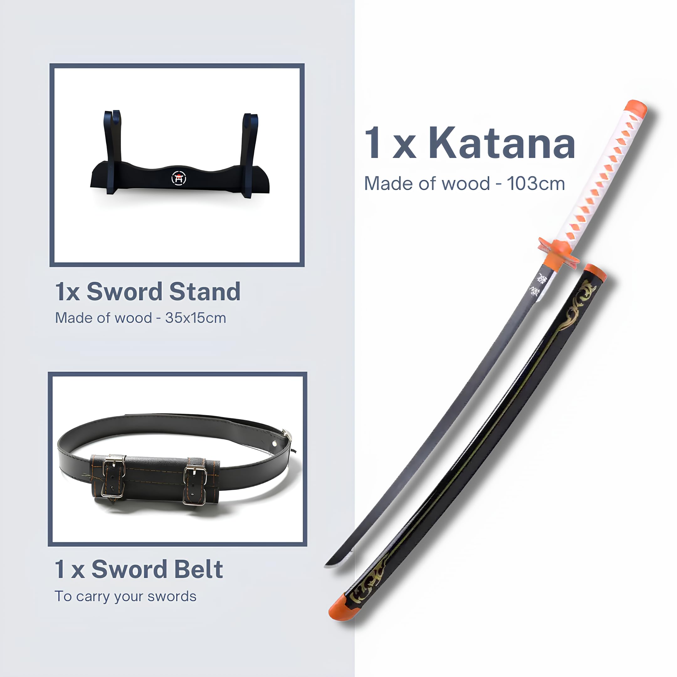 Katana Demon - Réplique Manga Sabre + Support Epée Bois + Ceinture - Catana Japonais Cosplay Décoration Jouet Enfant Adulte - Jeu Déguisement Deco Ninja (Shinobu)