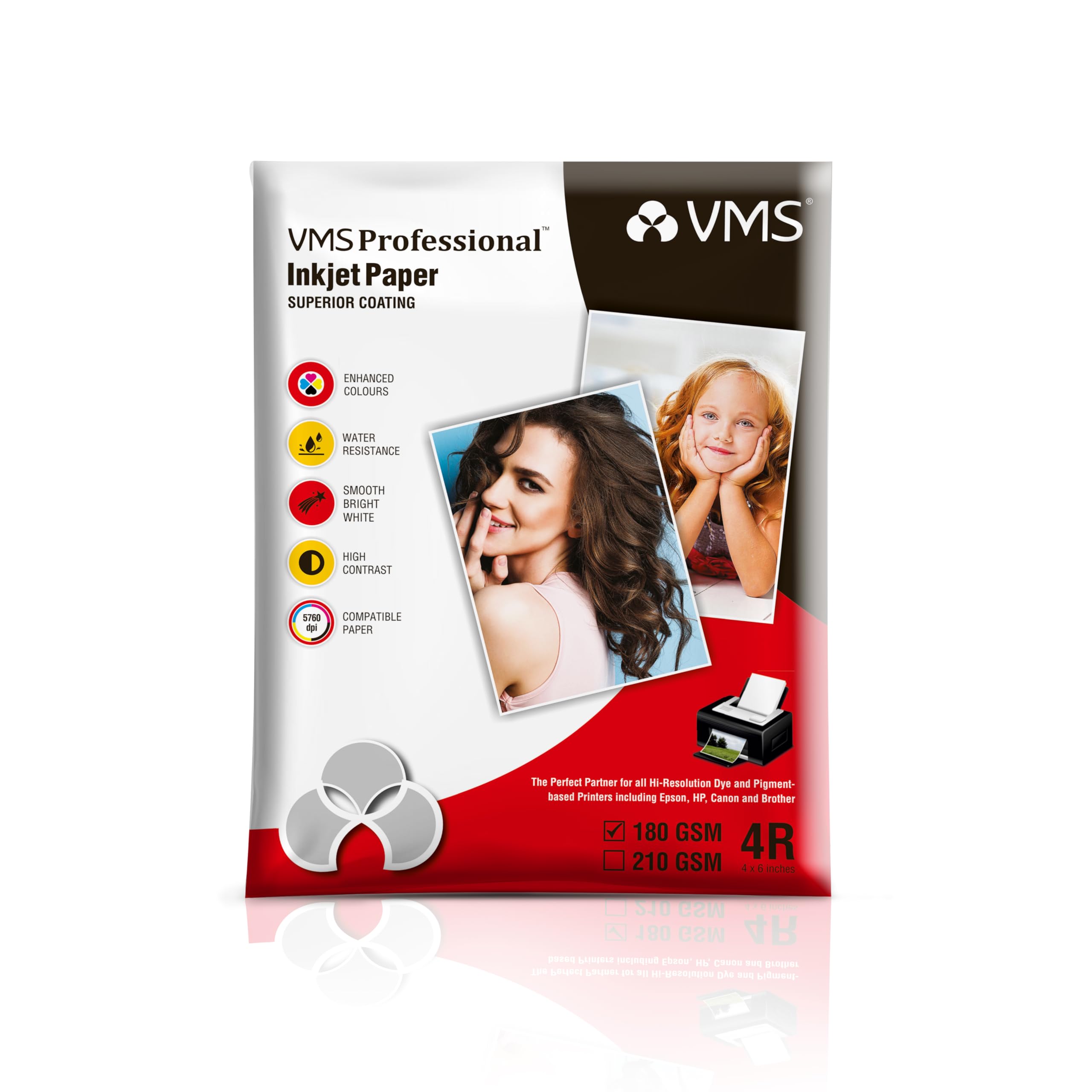 VMS Professional 180 GSM 4R (4x6) Glossy Photo Paper – Water Resistant, Pack of 100 sheets, Compatible with all Inkjet Printers