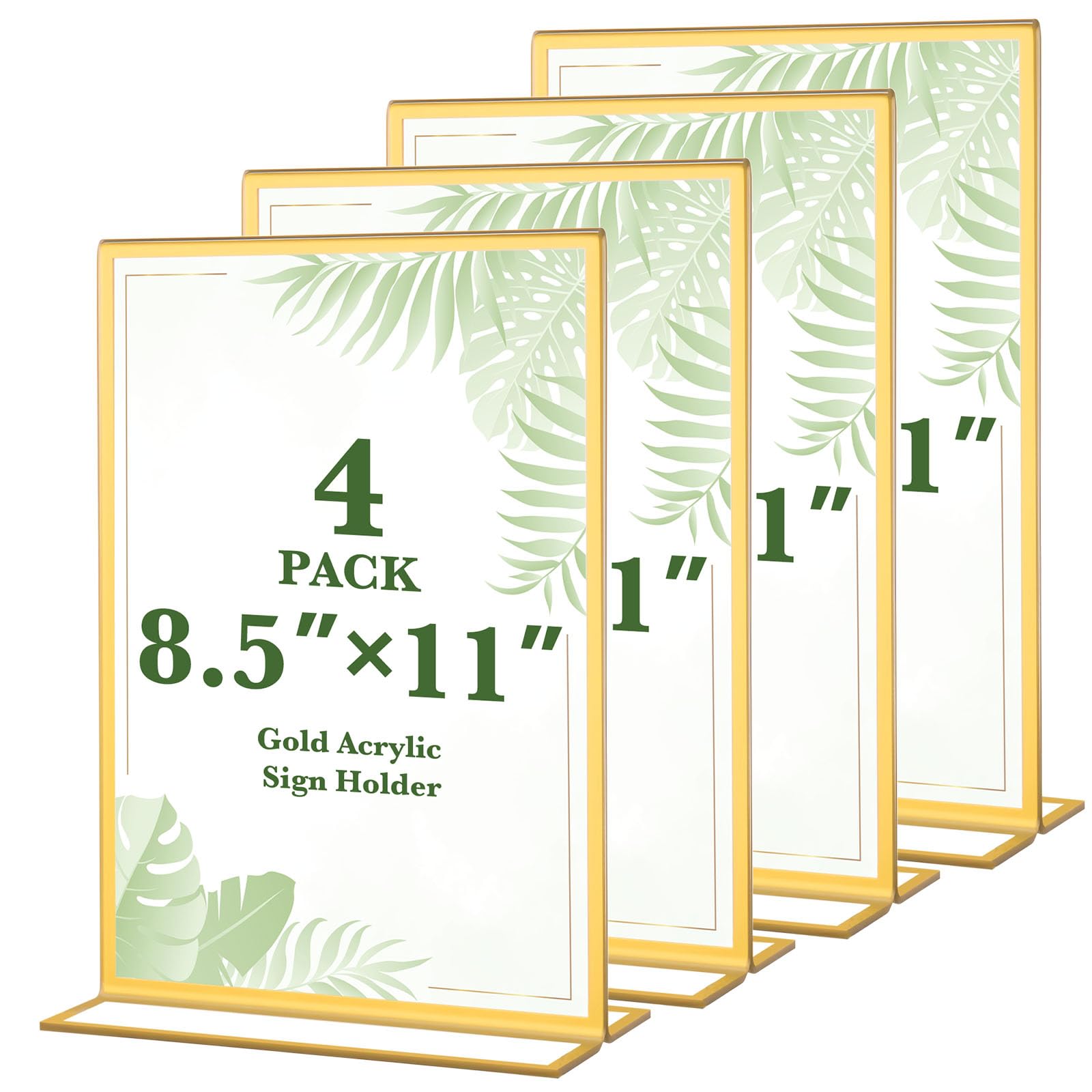 4 pack 8.5x11 inch gold acrylic sign holders, double sided vertical stand clear picture frames, table menu display holders for wedding table numbers, restaurant signs, party and office photos
