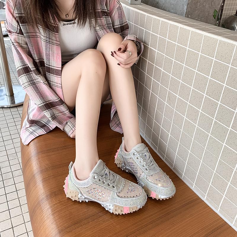 Y2K Chunky Crystal-Covered Fashion Sneakers for Women Studded Rubber Sole Athletic Shoes, Plus Size Sparkle Footwear3