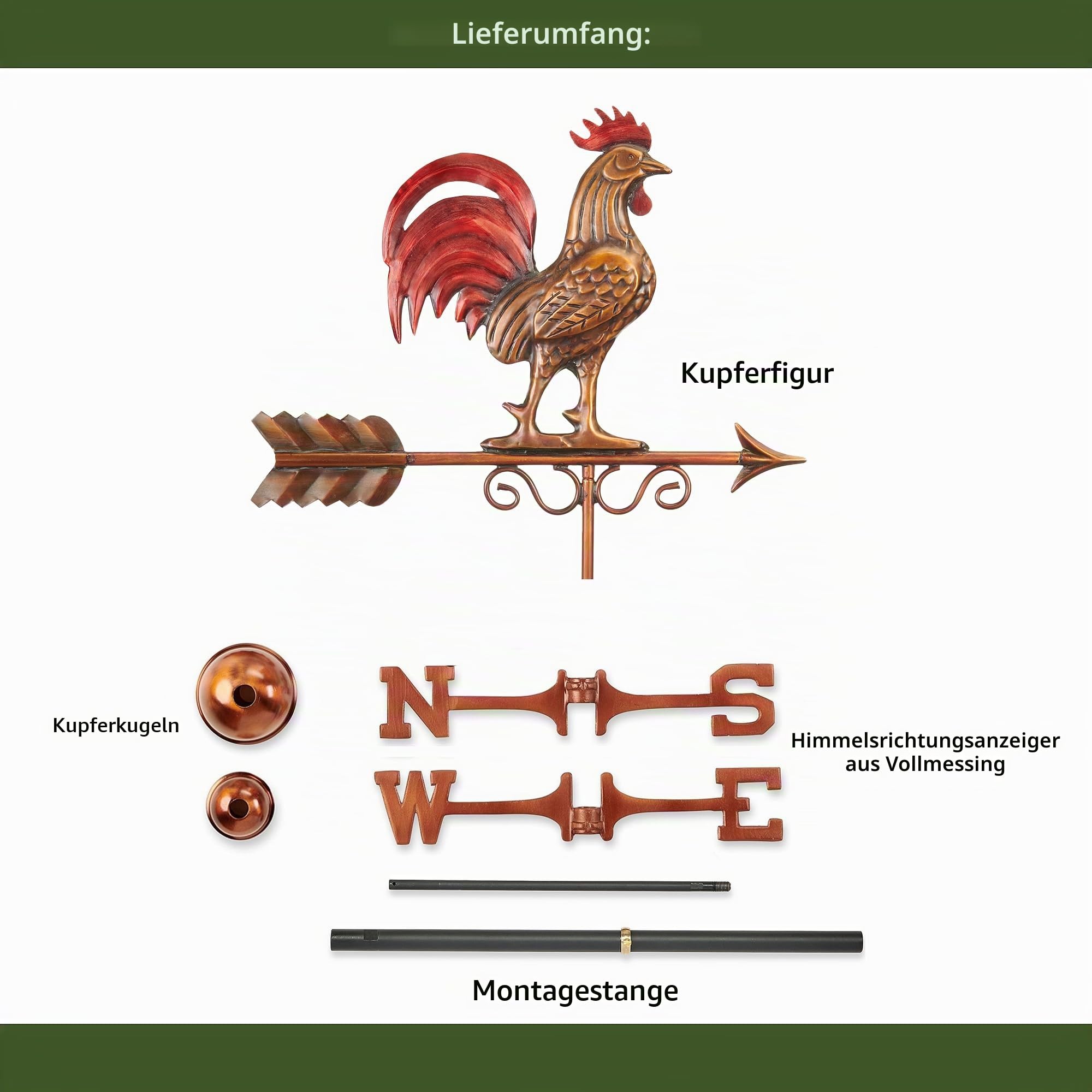 Good Directions 1975RED Wetterfahne Bantam Roter Hahn, reines Kupfer, handgefertigt, Mehrfarbig, Patina