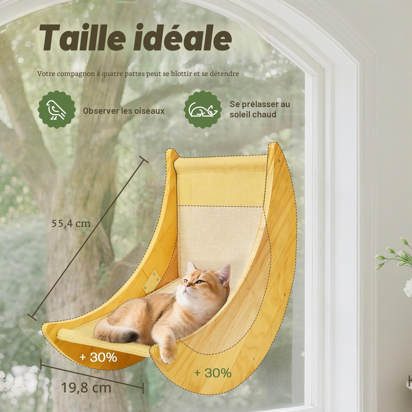 Perchoir de fenêtre en bois pour chat, grand lit de fenêtre pour chat avec 4 ventouses améliorées, hamac de fenêtre en bois massif avec design en forme de lune, siège de fenêtre pour