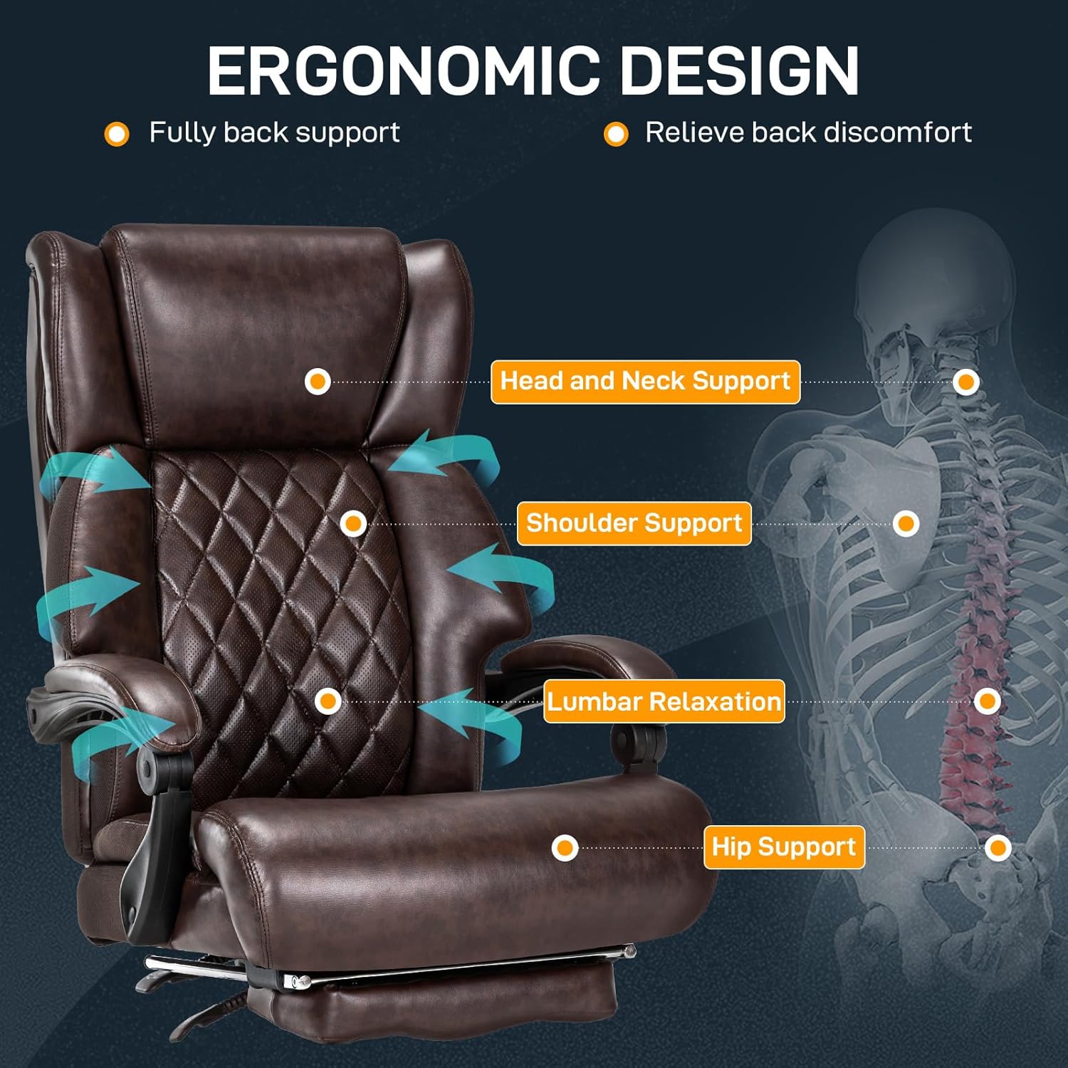 500 LBS Big and Tall Office Chair with Foot Rest High Back Recline Ergonomic Chair for Heavy People, Executive Office Chair Comfortable for Home Office, Large Computer Desk Chair Brown - Image 4