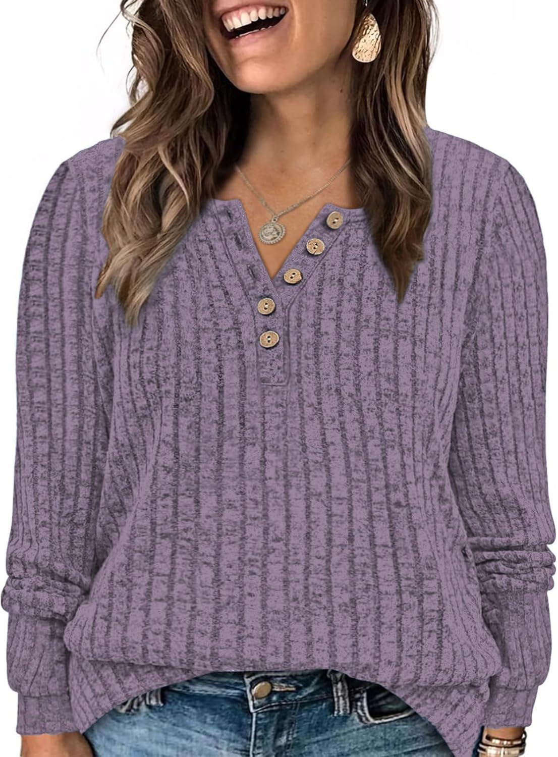 ROSRISS Womens-Plus-Size-Tops Trendy Long Sleeve Henley Shirts Casual Ribbed Knit Tunics Dressy Crewneck Pullover Sweaters