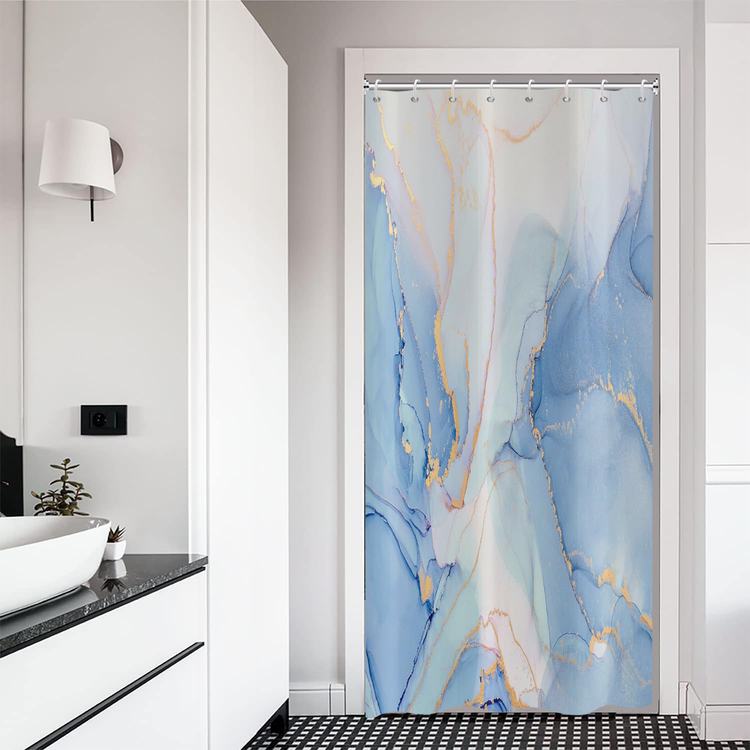 ASDCXZ Marble Shower Curtain 120x180 cm, Modern Abstract Blue White Gold Marble Optic Texture Washable Bath Shower Curtains Polyester Textile Waterproof Shower Curtain for Bathtub with 8 Hooks