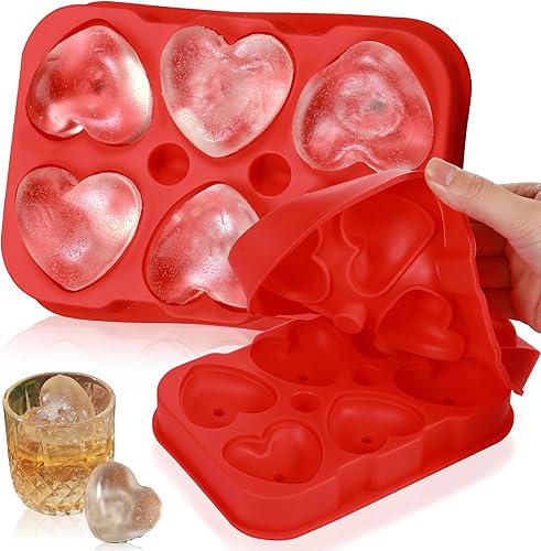 Domensi 2 moldes grandes de hielo en forma de corazón 3D reutilizables, moldes de silicona para cubitos de hielo con forma de corazón grande, 6