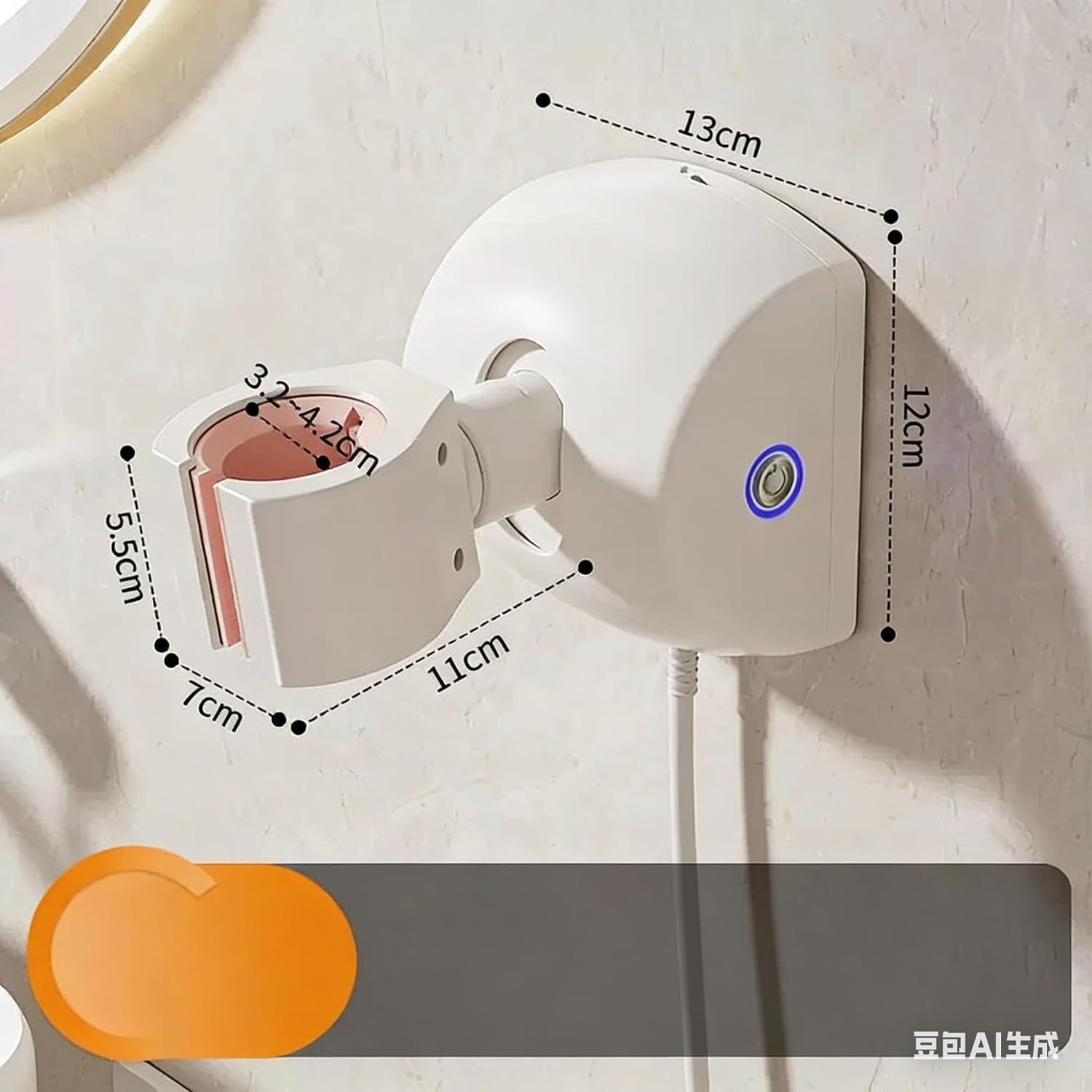 Automatic Swivel Hair Dryer Holder with Height Adjustment, 360° Full Coverage Drying Stand, No-Drill Bathroom Wall Mount (Fits 32-42mm Dryers, White)