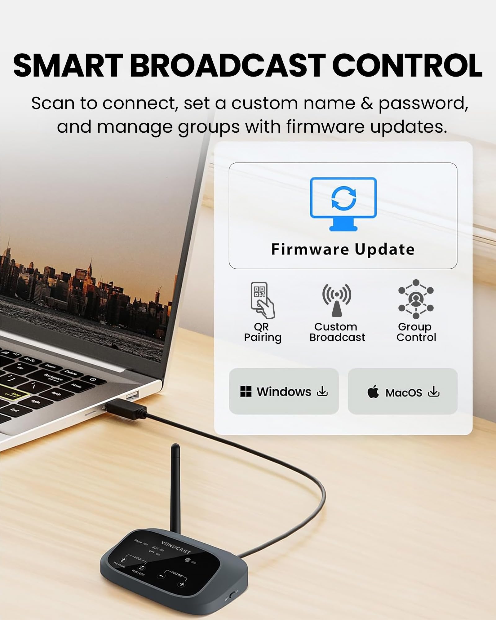Venucast Harmony A3 - Auracast Kabellos Multi-Lautsprecher Audio-System, Sender & Erweiterbare Empfänger, Vereint Mehrere Aktivlautsprecher, 100m Reichweite für Zuhause, Multi-Room & Events