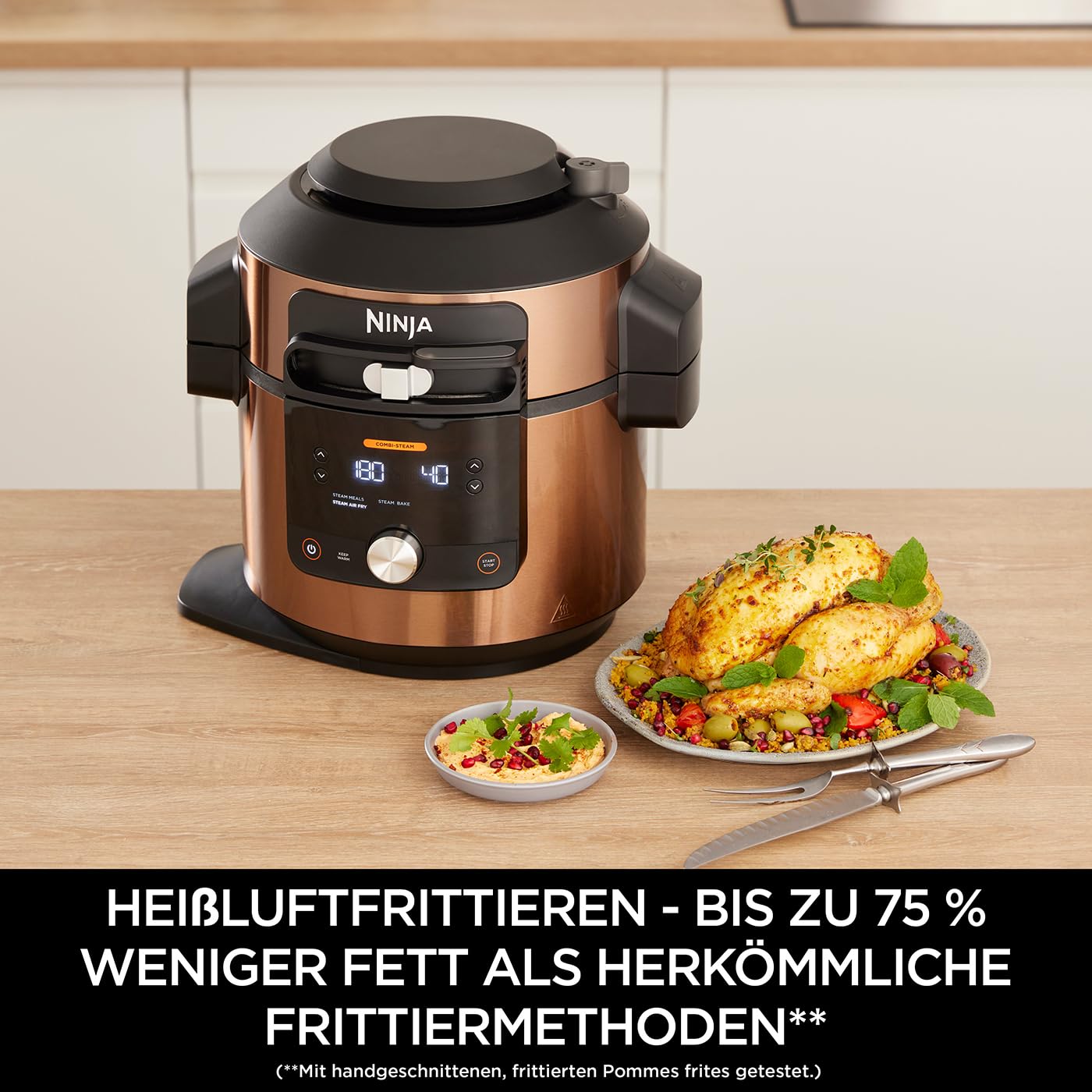 Ninja Foodi MAX Multikocher mit SmartLid, 7,5L, 12-in-1 Multicooker, Pressure Cooker Schnellkochen, Air fryer Heißluftfrittieren, Slow Cooker Langsamkochen, Kupfer/Schwarz, Amazon Exklusiv, OL650EUCP