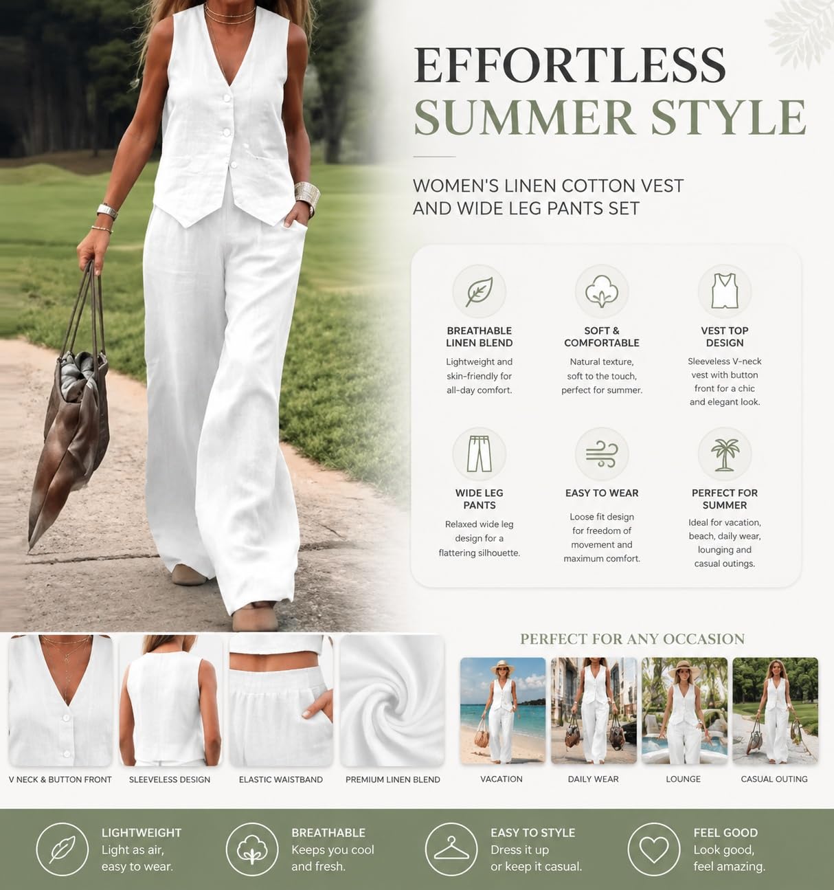 Completo Donna Completo Da Donna In Due Pezzi Di Cotone E Lino Senza Maniche Con Gilet Abbottonato E Scollo A V E Pantaloni A Gamba Larga Set Estivo Casual Ed Elegante Perfetto Per Vacanze Al Resort