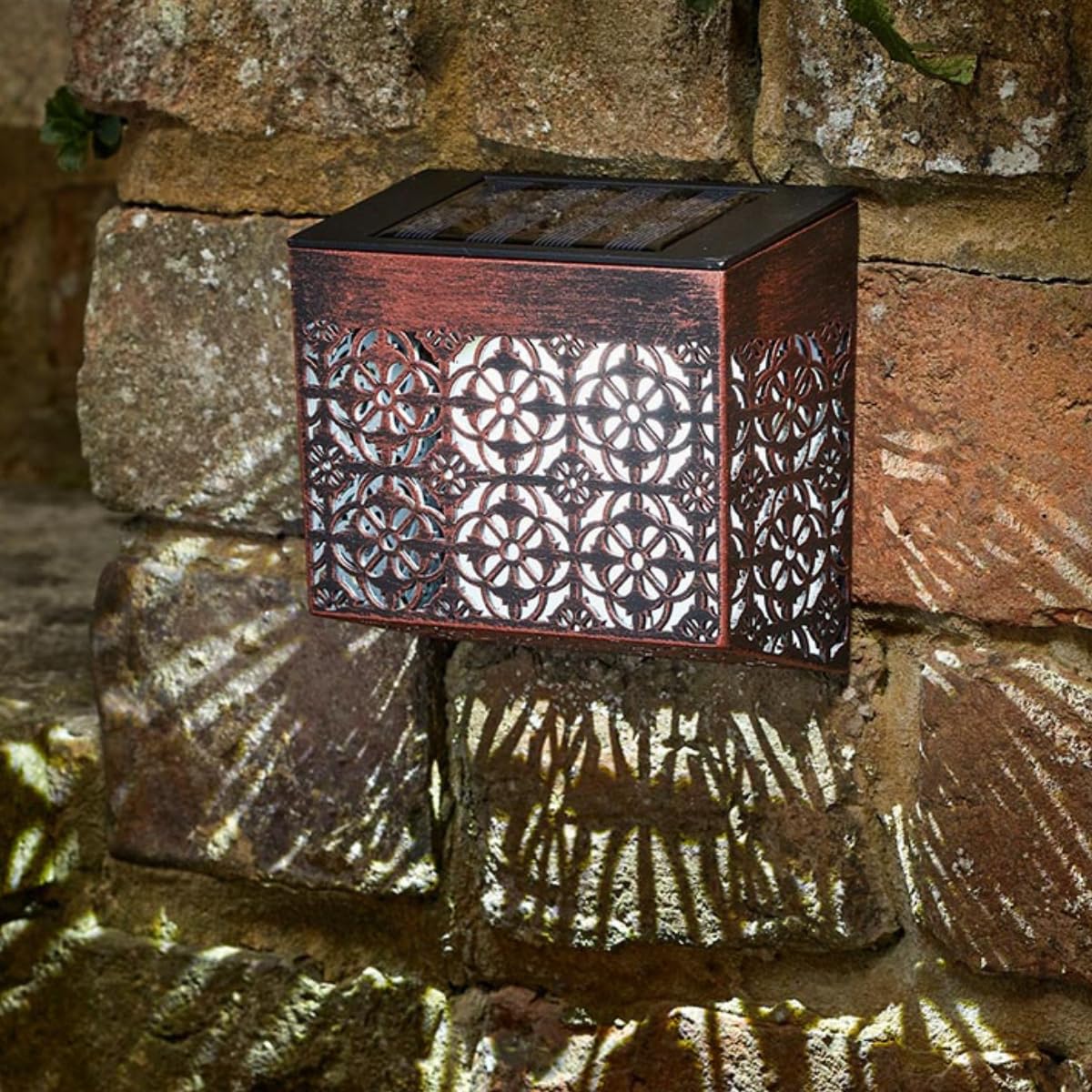 Festive Lights Copper - 4 Pack Of 11Cm Solar Moroccan Style Wall Fence And Post Light With White Led - Finish, Ip44 Rated, Outdoor Decorative Lighting - Integrated Panel, Weather Resistant Design