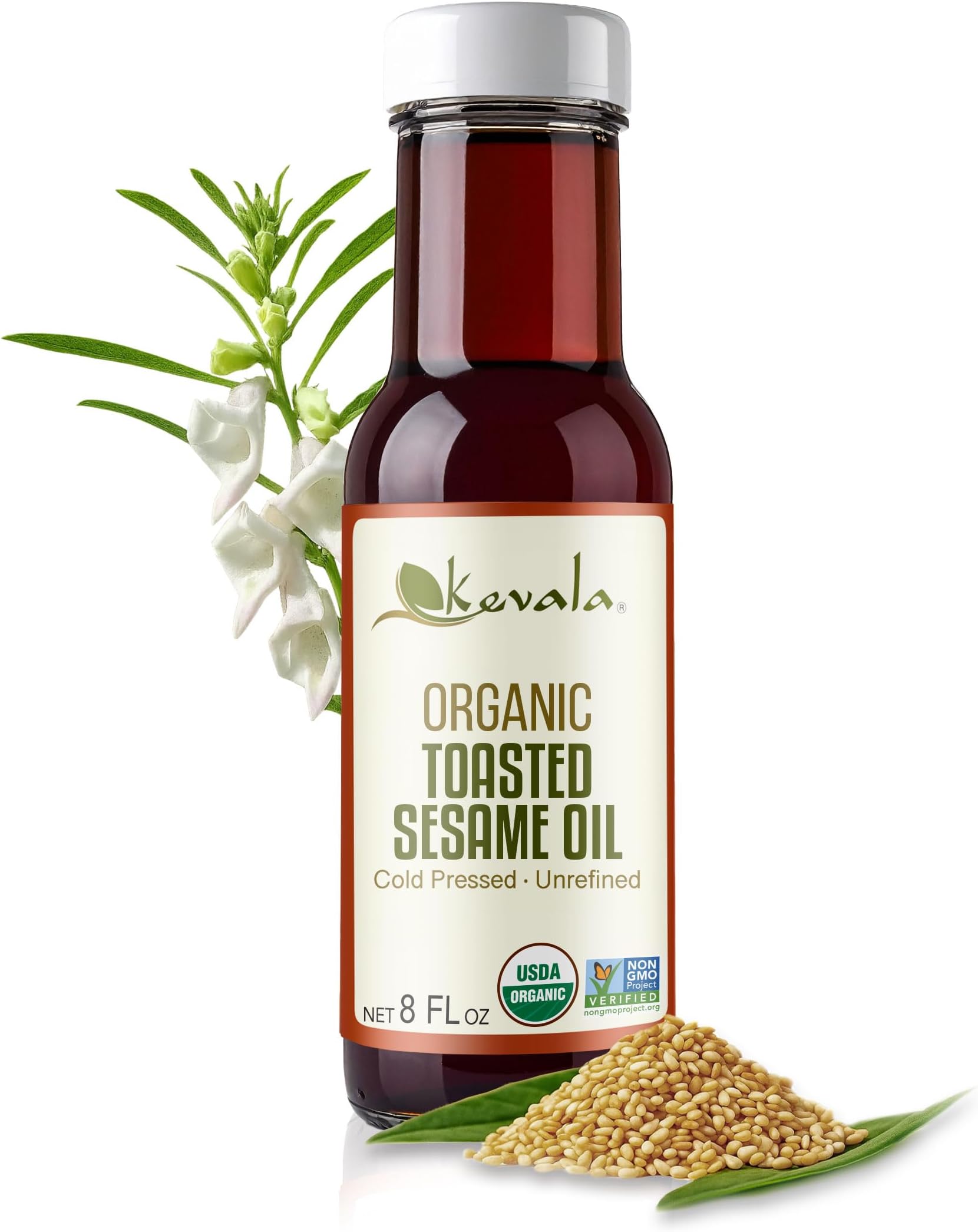 Kevala Organic Toasted Sesame Oil - Cold Pressed and Unrefined Oil for Daily Cooking and Baking, Made with Top Selection Roasted Sesame Seeds, Great for Stir-Fry Vegetables, 8 oz Glass Bottle