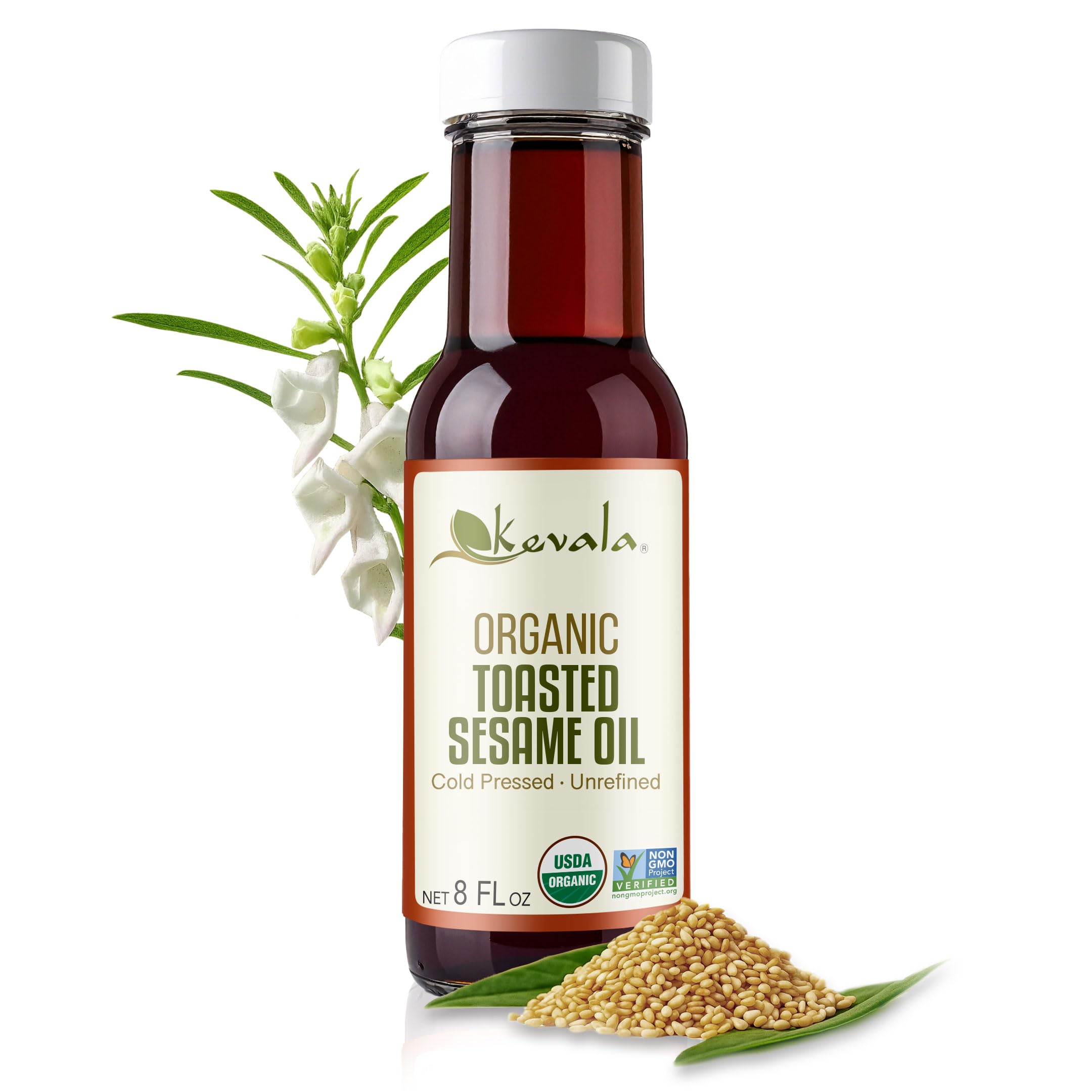 Kevala Organic Toasted Sesame Oil - Cold Pressed and Unrefined Oil for Daily Cooking and Baking, Made with Top Selection Roasted Sesame Seeds, Great for Stir-Fry Vegetables, 8 oz Glass Bottle