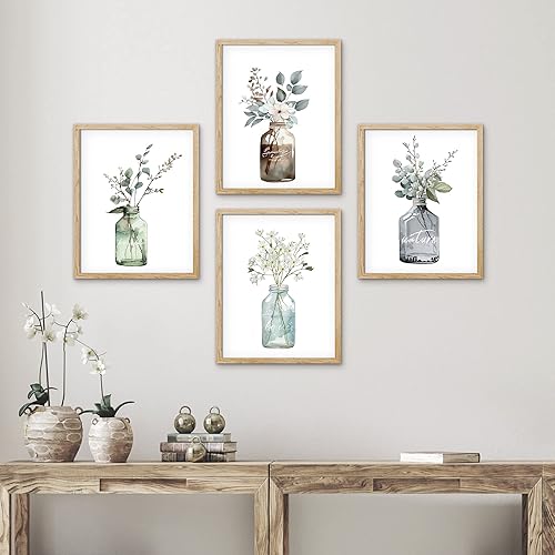 Miniatura 3 de SIGNWIN Arte de pared enmarcado de florero de vidrio con hojas de bosque pastel, juego de 4 impresiones de decoración de pared de naturaleza