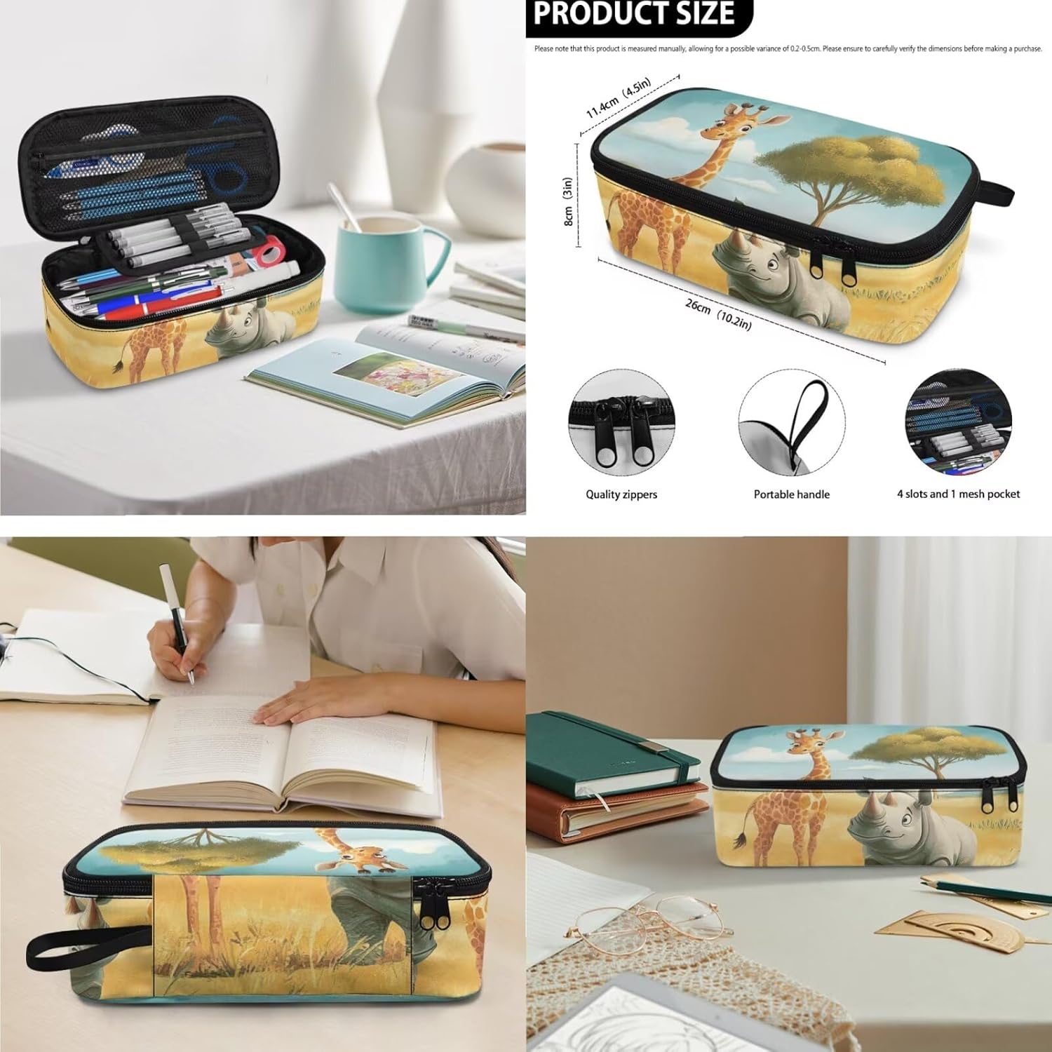 Giraffe Girls Backpack and Lunch Box Set Rhinoceros Pattern Insulated Lunch Bag Kids Girls 17 Inch Large Capacity Teen Bookbag 4 Piece Cute Book Bag Purse for Kids