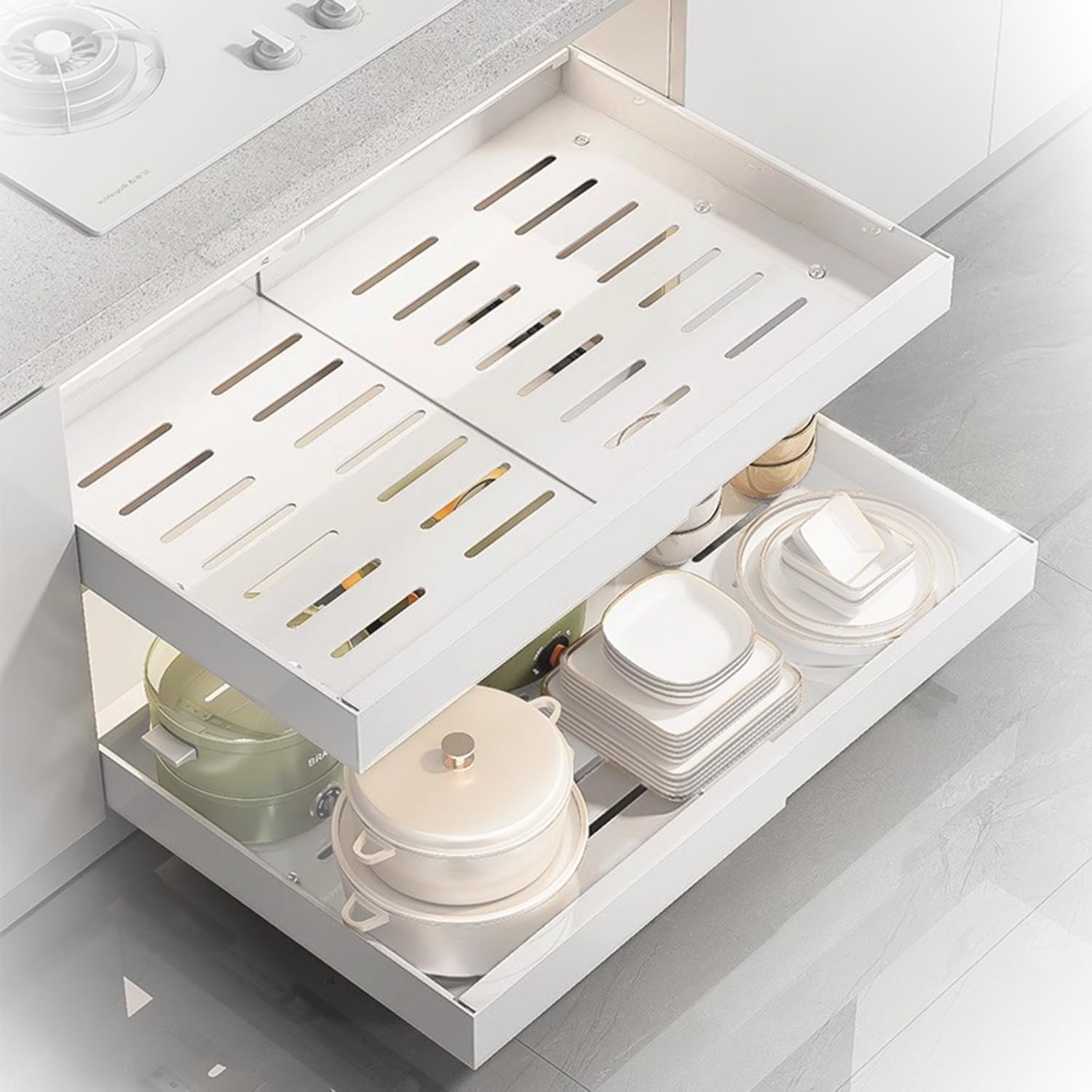 Paquete de 2 Cajones Extraibles para Cocina,Cajón Telescópico,bandeja extraible armario cocina(32-52 Cm)Organizador De Cocina,Para Guardar Utensilios De Cocina Corredero Sin Taladrar(Blanco)