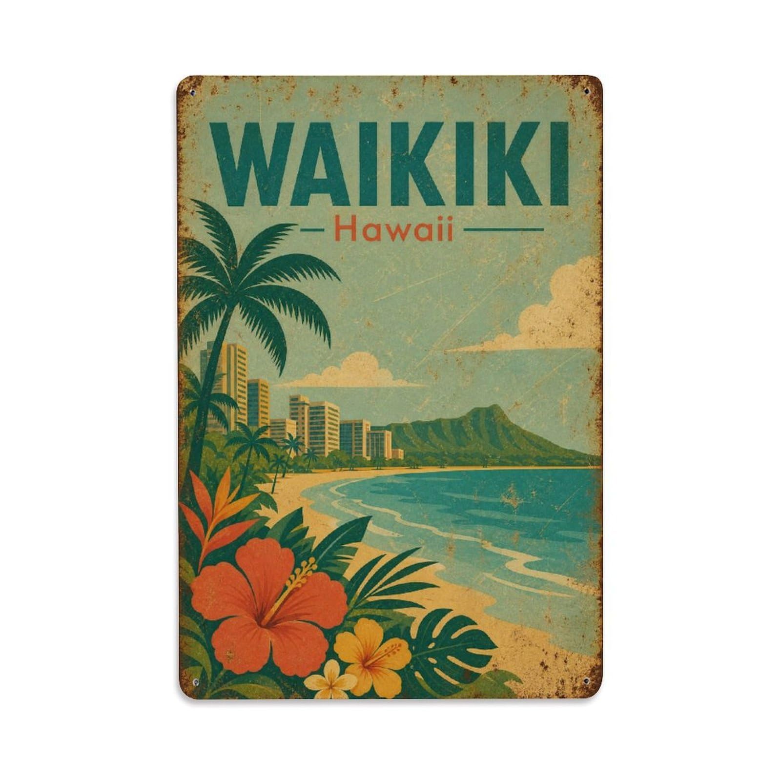 Waikiki Hawaii Beach Tropical Island Coastal Travel Metal Tin Sign