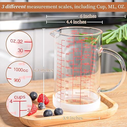 Miniatura 6 de Newness Taza medidora de vidrio con asa, 33.8 fl oz (1 litro, 4 tazas) taza medidora de doble cara con tres escalas (OZ, taza, MLCC) y pico en forma