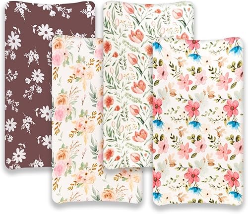 Miniatura 2 de Juego de 4 fundas para cambiador de bebé niña, suaves y ajustables con temática floral o elefante, fundas de colchón transpirables para bebés o