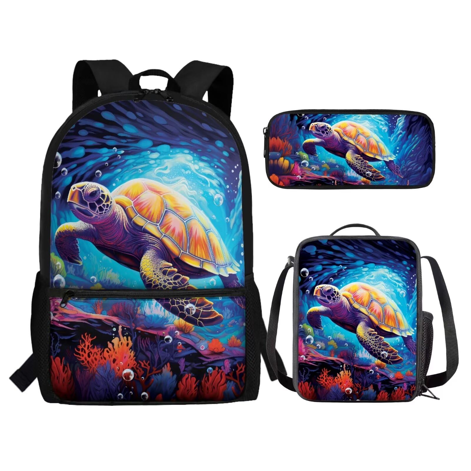 chaqlin Schulrucksack-Set für Kinder, Jungen, Schulranzen mit Lunchbox und Federmäppchen, 3-teiliges Set, Kinder-Büchertaschen, Kühltasche, Stifttasche, Meeresschildkröte, Kinderrucksack