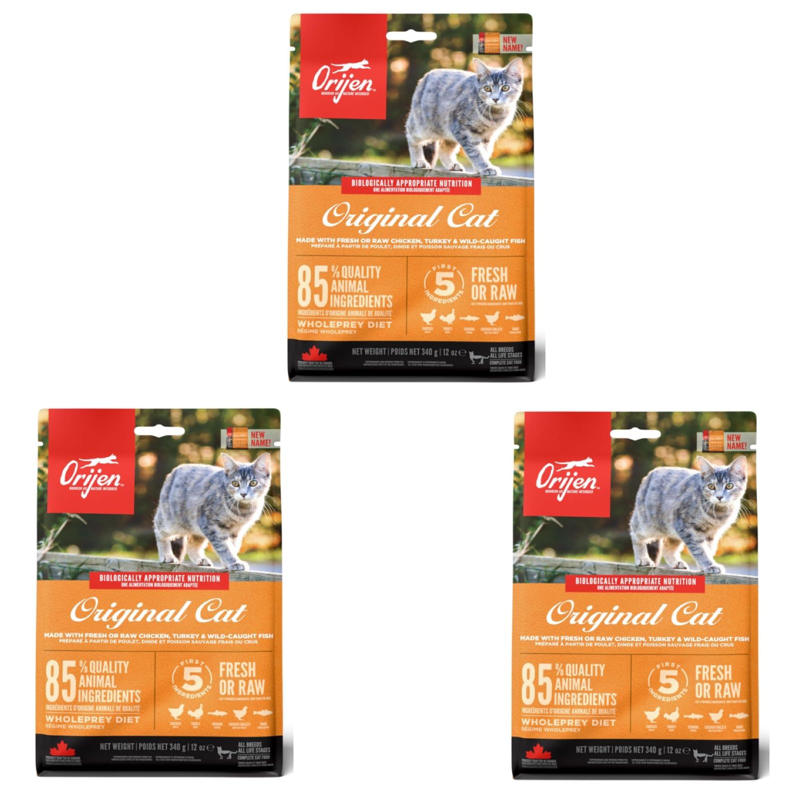 Orijen Cat Original Cat | Pack de 3 | 3 x 340 g | Aliment Complet pour Chats Adultes | 85% d'ingrédients Animaux de Haute qualité | Volaille, Poisson, abats, Cartilage & os