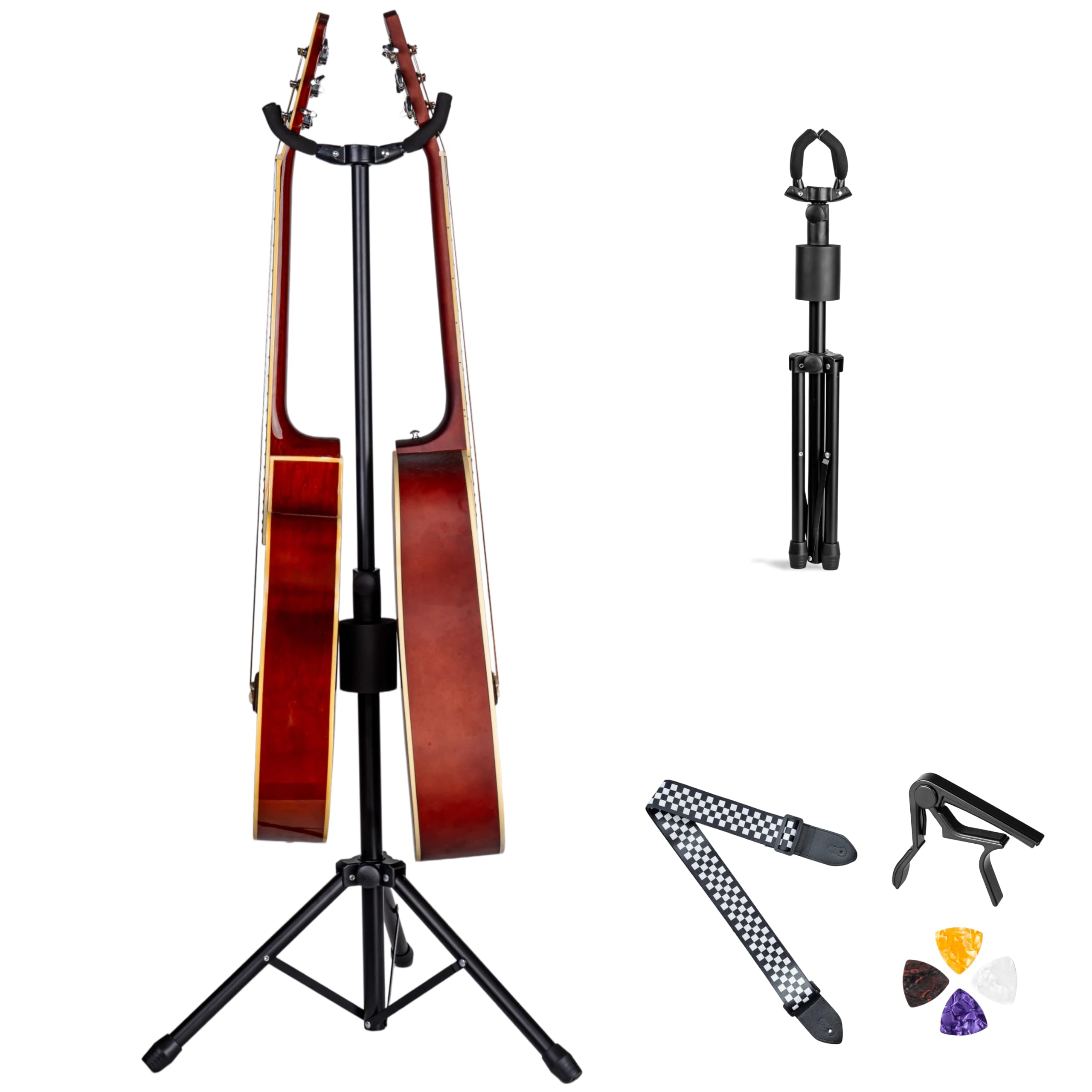 Double Guitar Stand, Portable Tripod Adjustable 2 Guitar Stand Floor for Acoustic, Bass & Electric, Dual Folding Stand for Banjo with Strap & Picks