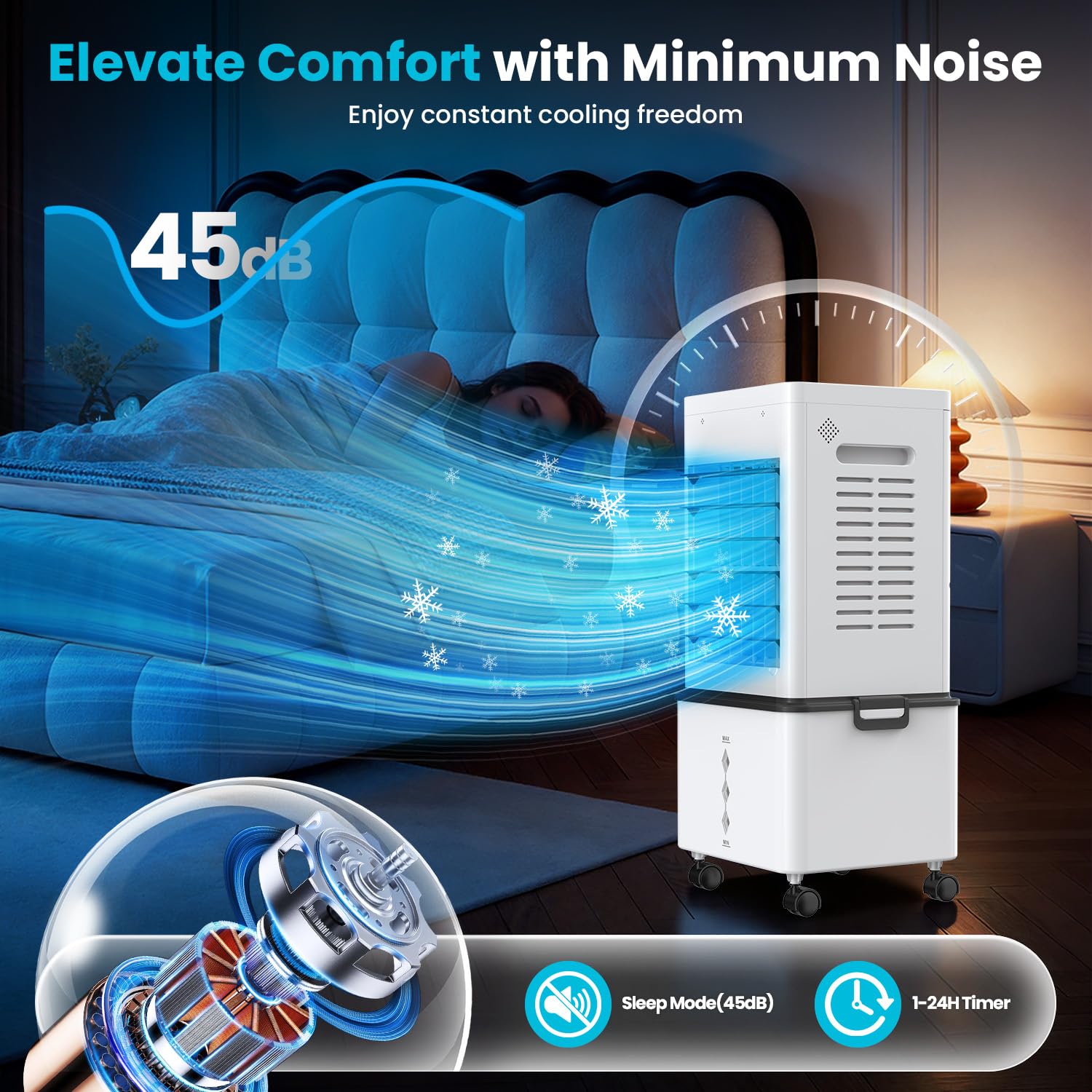 Climatiseur Mobile Sans Évacuation 12L, Rafraîchisseur d'Air Portable 3-en-1 avec 6 Vitesses, Climatiseur Mobile Silencieux avec Télécommande, Minuterie 24H, Refroidisseur d'Air 45W Économe en Énergie