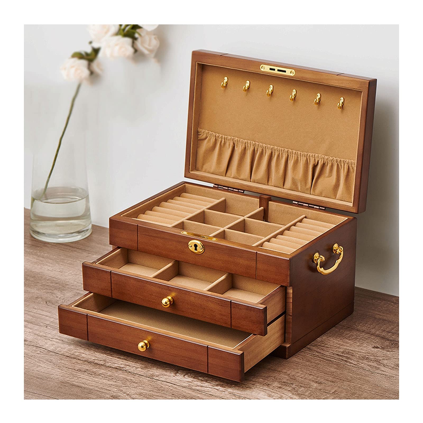XBTGS Schmuckschatulle für Damen, Vintage-Schmuckkästchen mit Schubladen und großem Holz-Schmuck-Organizer für Halsketten, Ohrringe, Uhren, Schmuckkästchen und Orga, Größe S