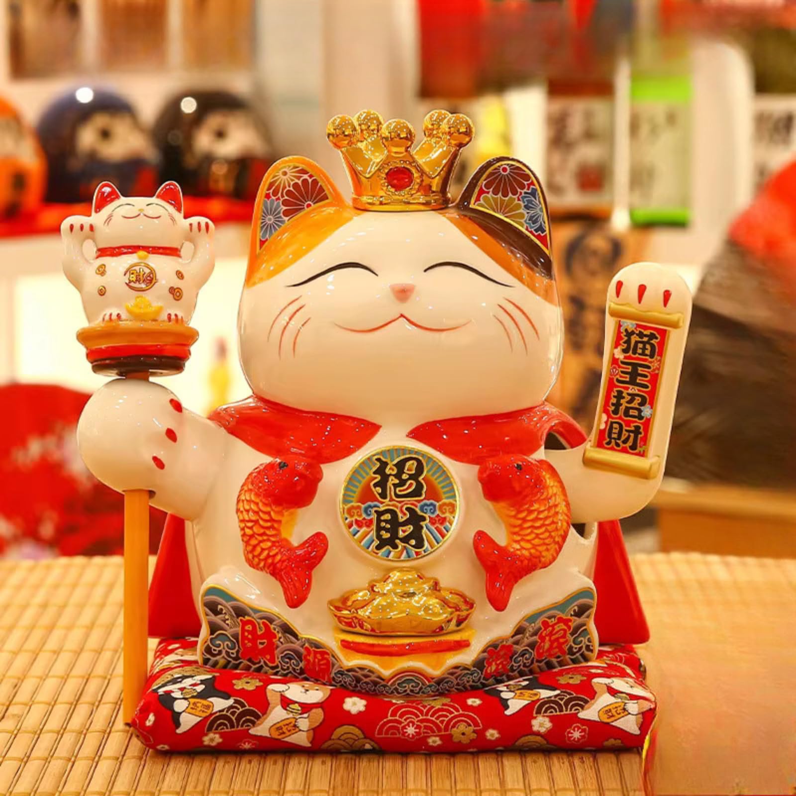 Couronne à bras agitant Koi Maneki Neko pour offrir un petit chat blanc en céramique, 29 cm, décoration créative pour cadeau d'ouverture de magasin