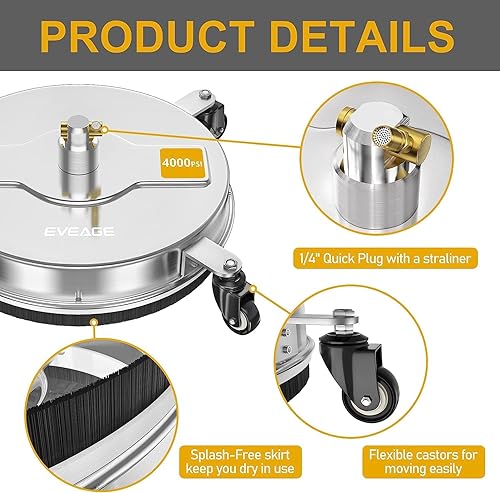 Miniatura 4 de EVEAGE Limpiador de superficie de lavadora a presión de 16.5 pulgadas, limpiador de superficie con varilla de extensión y boquilla de repuesto, 4