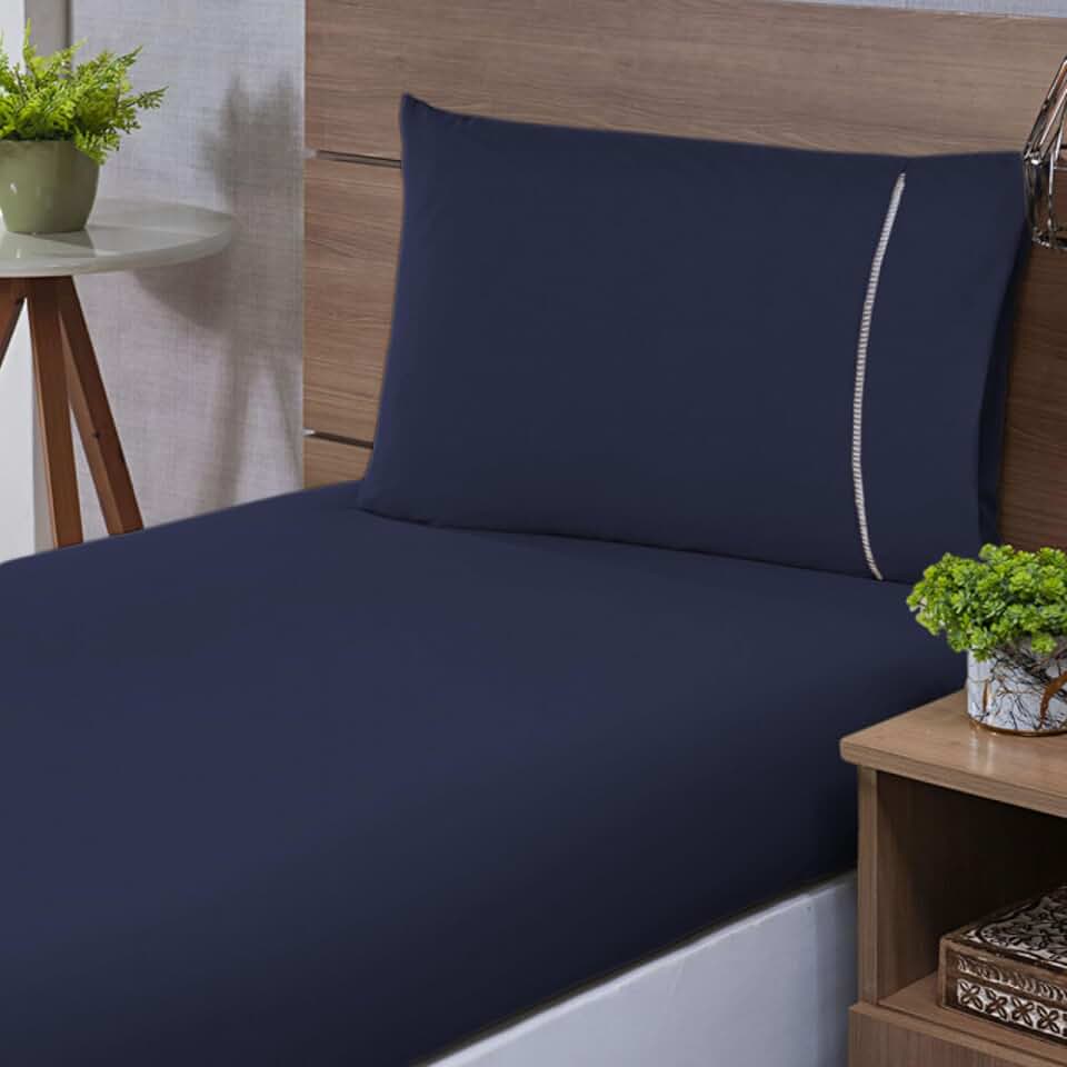 Jogo de Lençol Solteiro com Elástico 2 Peças Micropercal 400 Fios com Fronha Ponto Palito, Toque Acetinado de Hotel (Azul Marinho)