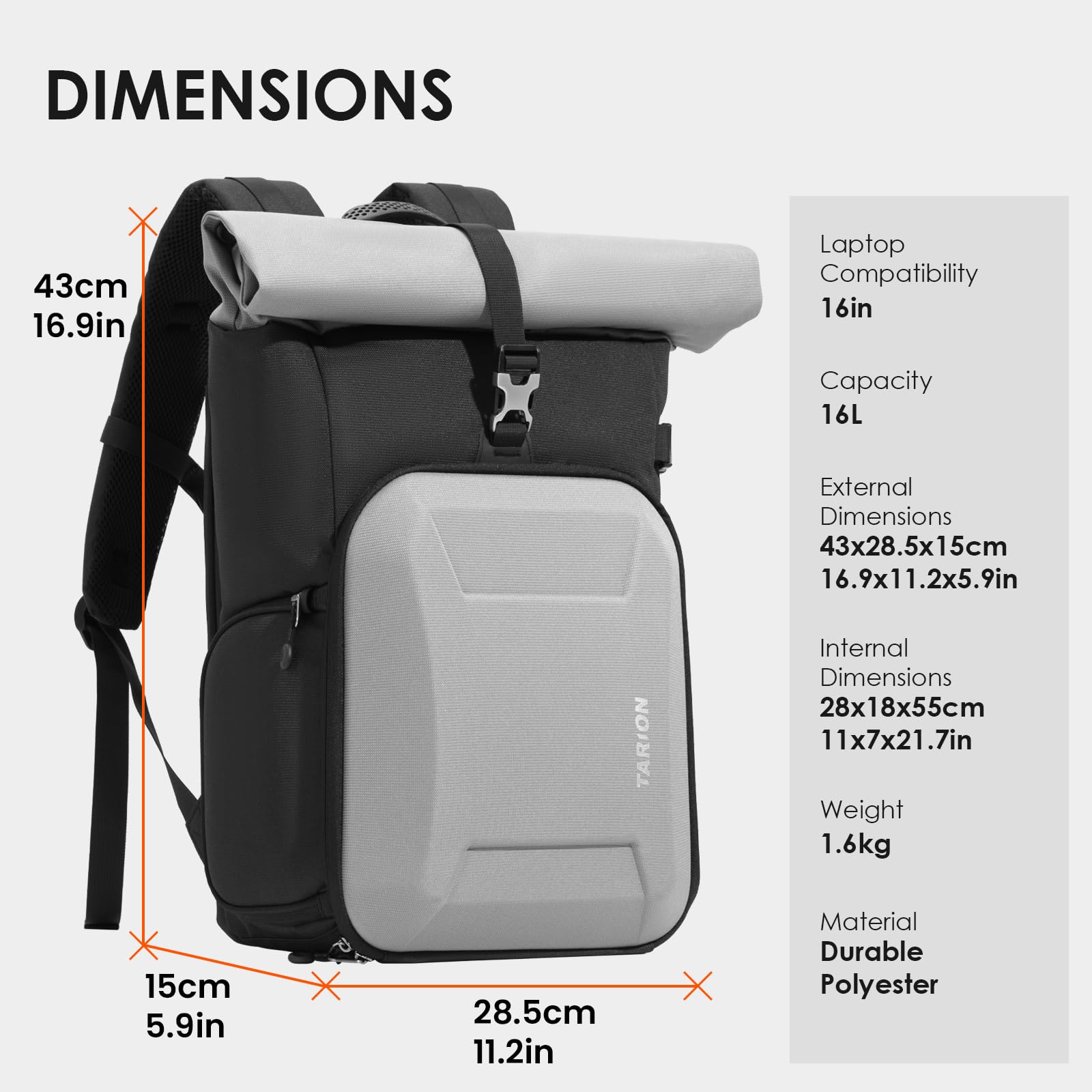 TARION Rolltop Mochila Cámara con Hardshell - Gran Bolsa Fotográfica con Funda Portátil 16 Pulgadas y Acceso Lateral Rápido - Mochila Fotografía DSLR con Cubierta Impermeable Soporte Trípode Gris XH