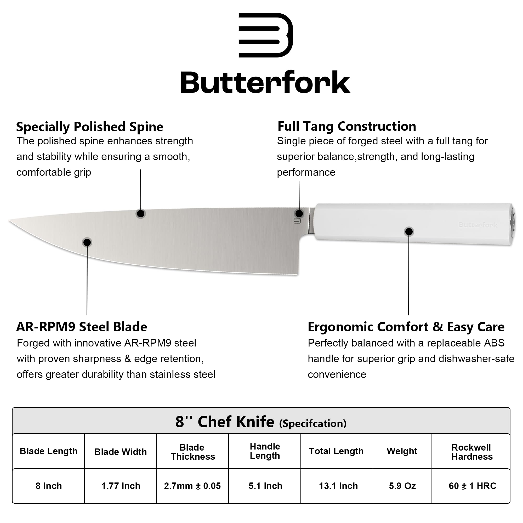 8 Inch Chef Knife, Kitchen Knife with AR-RPM9 Steel & Ergonomic ABS Handle — Amazon image 2