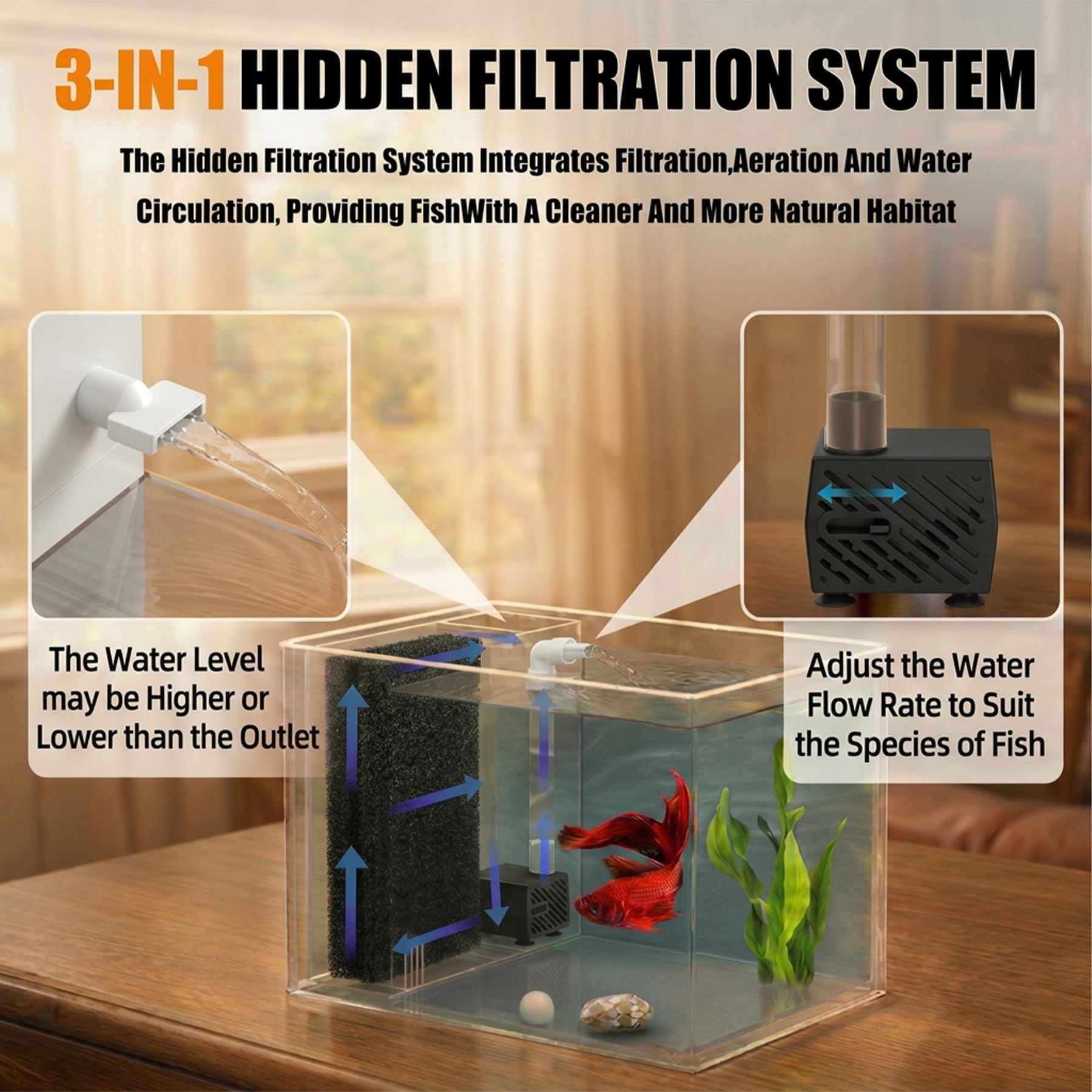 Vehipa 2,9 L Acquario Completo per Betta, Mini Acquario Completo con Pompa Filtro e Luce LED(Bianco)