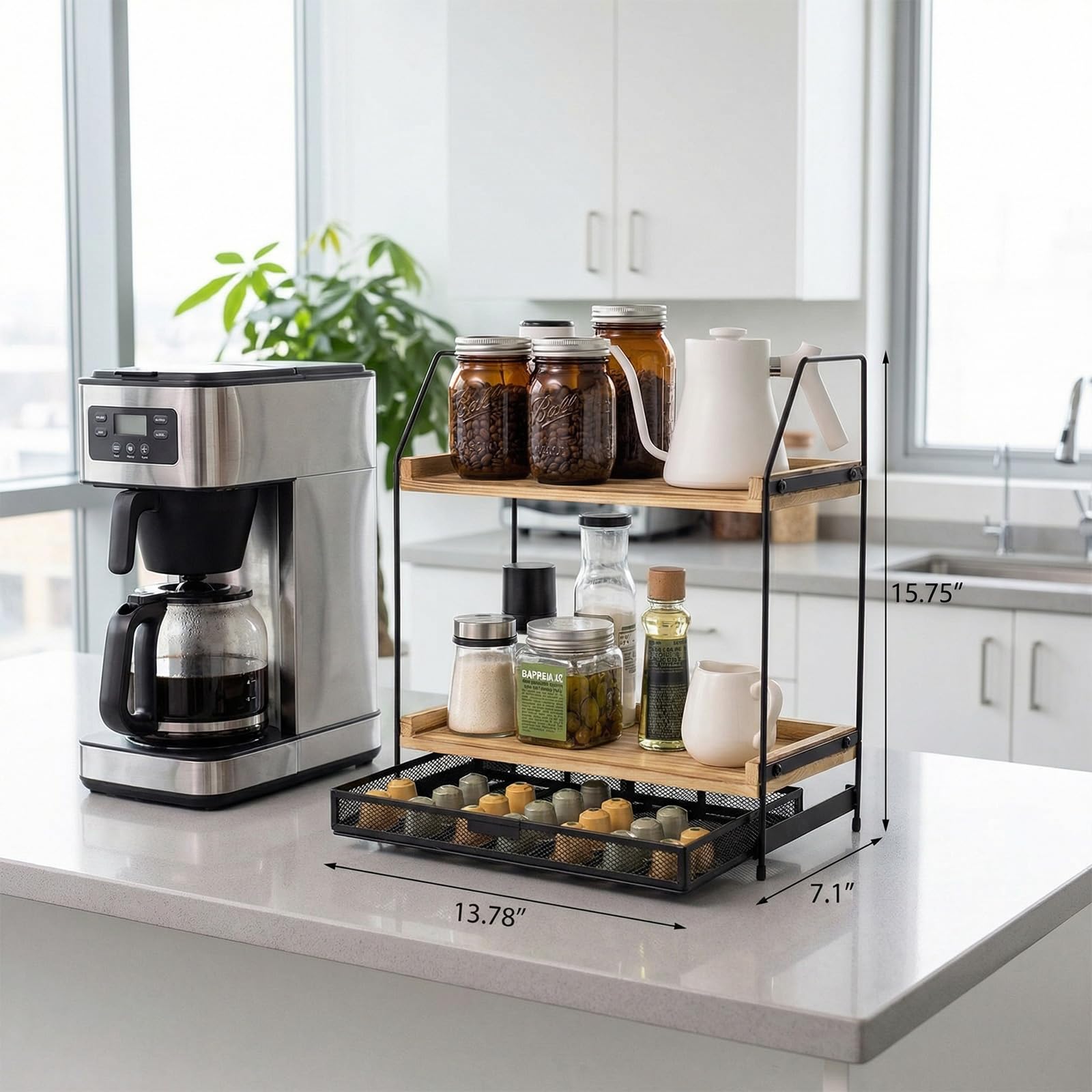 Organizador de estación de café para encimera, organizador de accesorios de barra de café de madera de 2 niveles con caja de almacenamiento, estante grande de encimera de cocina para jarabe de café