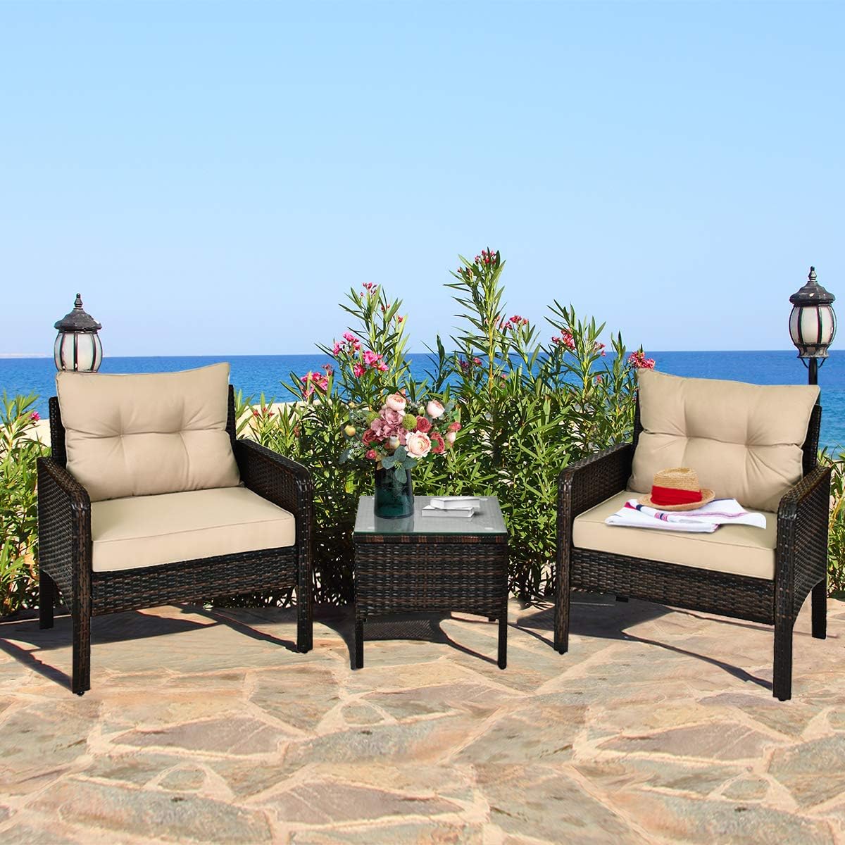 HAPPYGRILL 3 Pieces Patio Furniture Set Outdoor Rattan Wicker Coffee Table & Chairs Set with Seat Cushions Patio Conversation Set for Garden Balcony Backyard Poolside