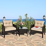 RELAX4LIFE 3-Piece Patio Furniture Set, PE Rattan Wicker Chairs w/Glass Top Coffee Table & Thick Cushions, Bistro Sofa Set for Deck Porch Balcony Garden, Conversation Set Outdoor Furniture (Beige)