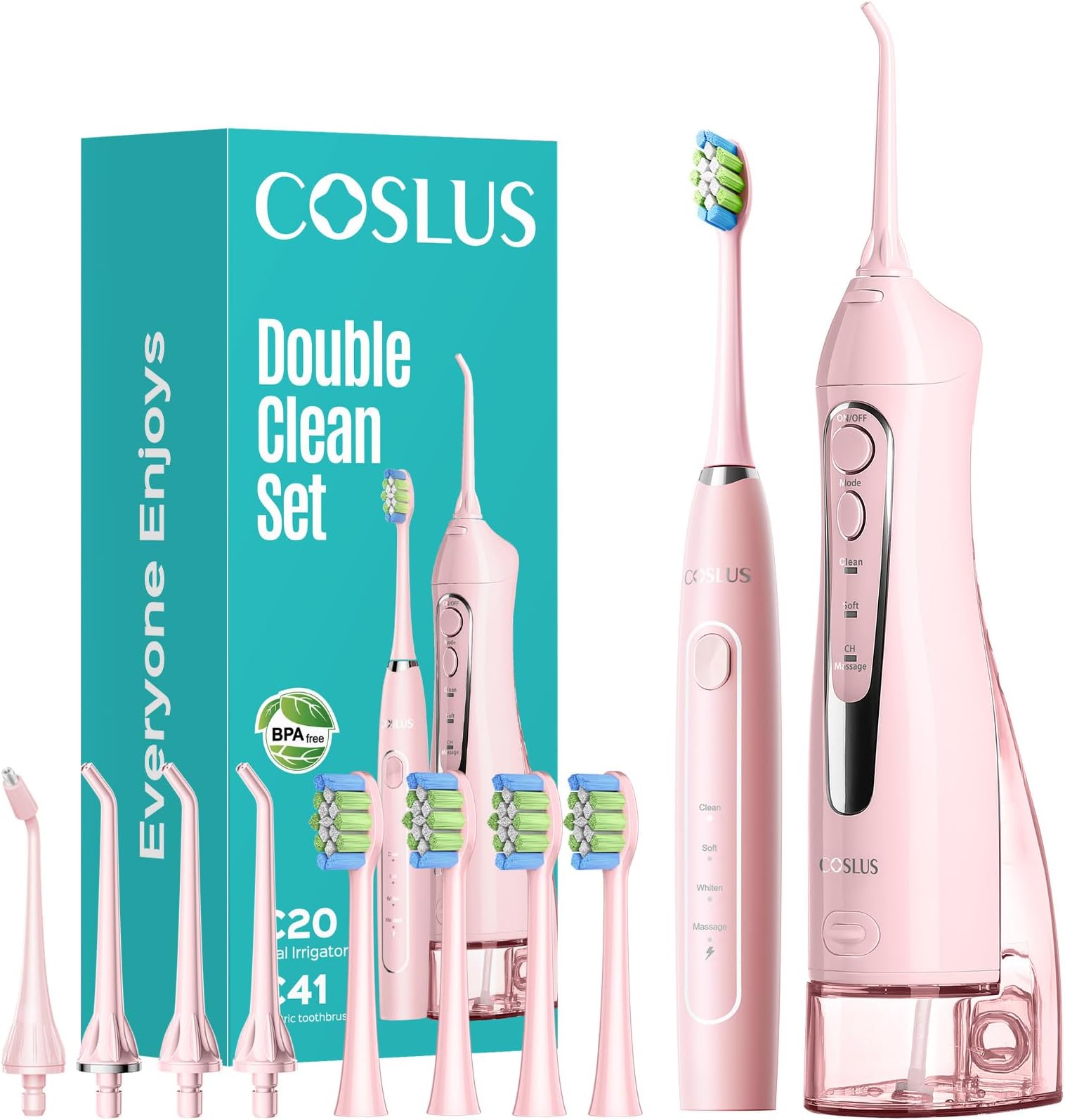 C20 & C41 Portable Water Flosser with Electric Toothbrush Combo: 2-in-1 Oral Clean Kit for Teeth, Braces, Gums Care - Brushing & Flossing for Adults, Family, Travel Use, BPA-Free, Pink