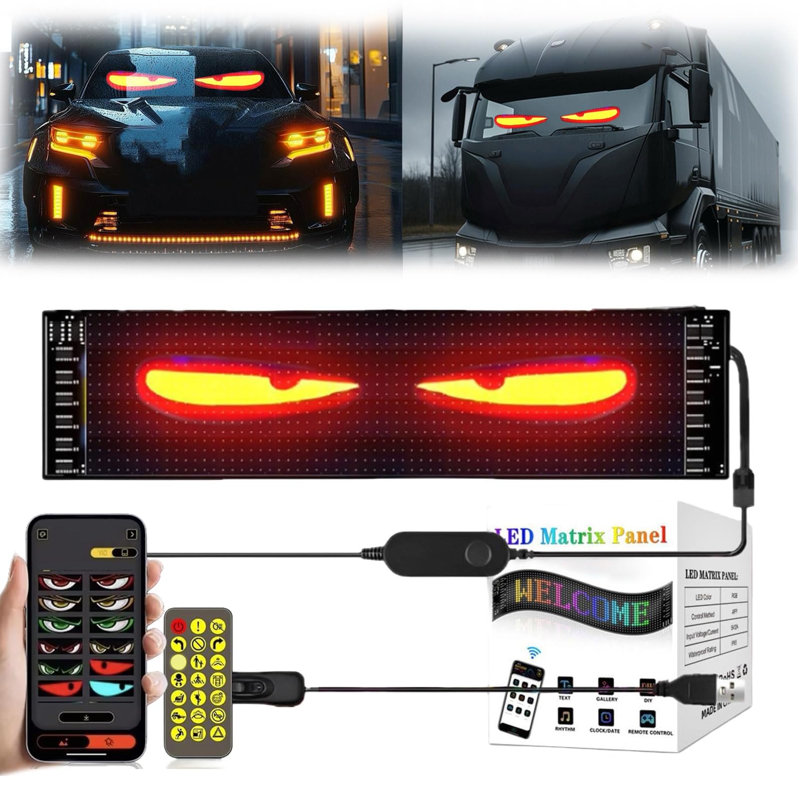 Led Augen Auto LKW: Teufelsaugen Frontscheibe Heckscheibe Wasserdicht Smart DIY Programmierbare USB Led Display Ultradünnes Flexibles Dynamic Soft Screen Matrix Panel (1 stück, 19,2x176,2 cm)