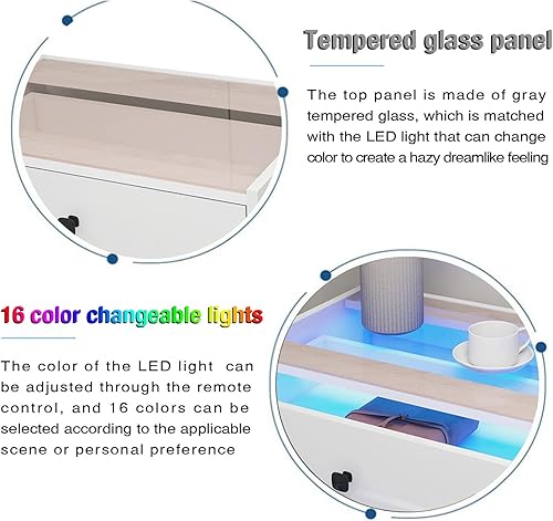 Miniatura 6 de Juego de 2 mesitas de noche LED, mesa auxiliar blanca con 16 luces LED de color, mesa de noche moderna de alto brillo con 2 cajones deslizantes de