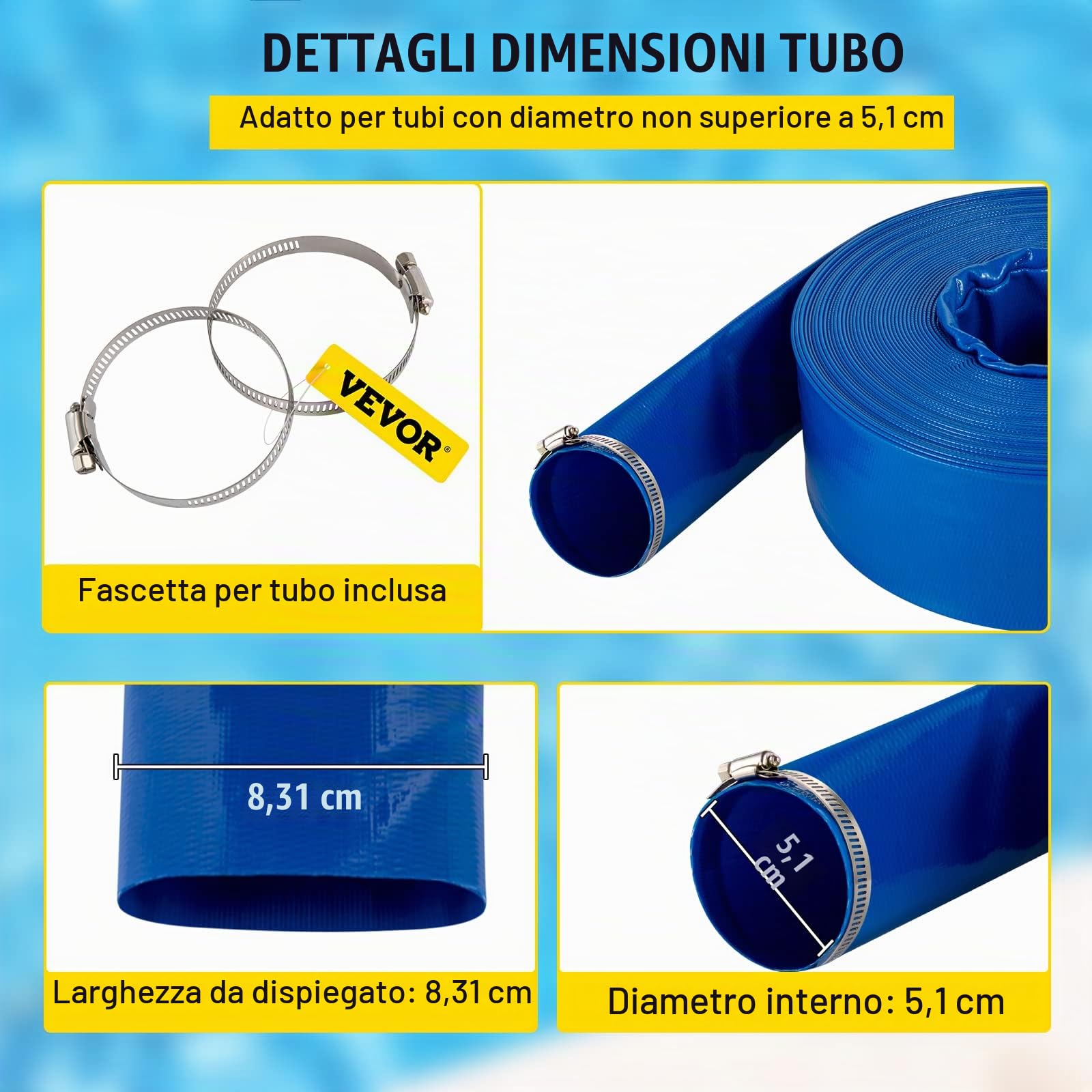 VEVOR Tubo di Scarico, 2" x 105', Tubo Piatto in Tessuto PVC, Tubo di Scarico per controlavaggio, Resistente alle intemperie e allo Scoppio, Ideale per Piscine e trasferimento dell'Acqua, Blu
