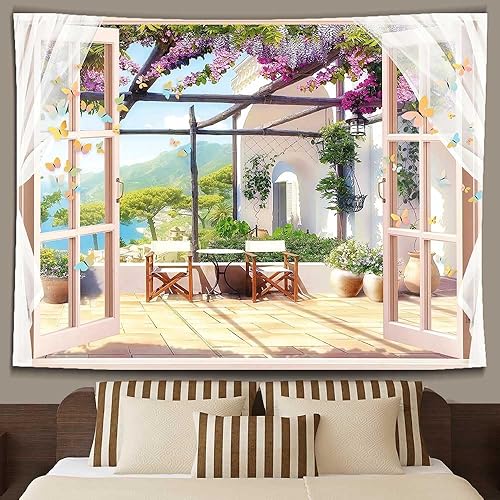 Miniatura 3 de Ine Ive Tapiz de jardín de balcón con vistas al mar y montaña, tapiz de ventana de escena de 80x60 pulgadas, tapiz de pared de paisaje natural para