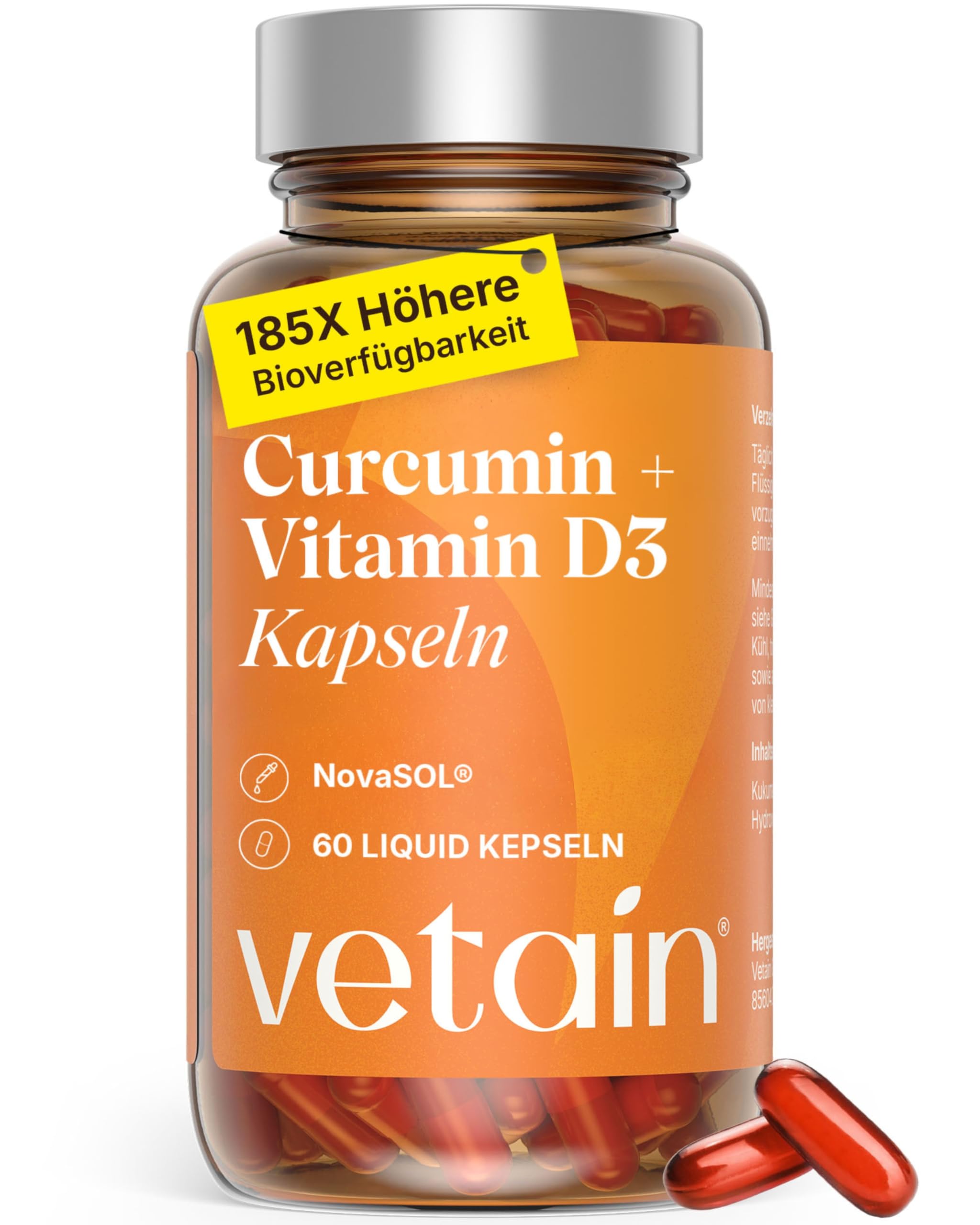 VETAIN Kurkuma Kapseln hochdosiert -185x höhere Bioverfügbarkeit - Mizell Curcumin NovaSOL + Vitamin D3 - Ohne Piperin - 60 flüssige Kapseln - Vegan & laborgeprüft