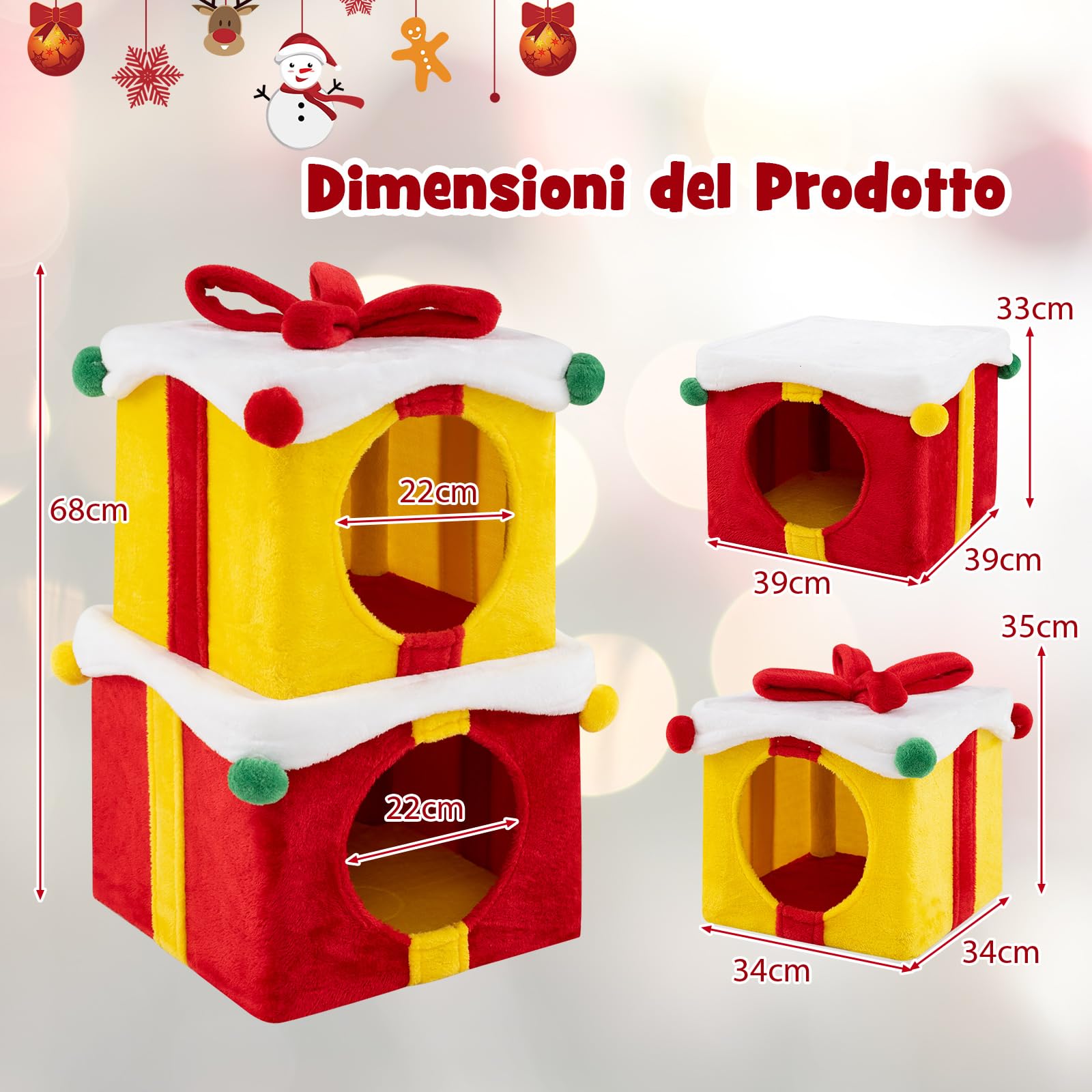 COSTWAY Set 2 Cuccia Cane Interno a 2 Piani, Tiragraffi per Gatto a Forma di Scatola di Natale in Tessuto e MDF, Lettino Gatto Interno per Inverno, Rosso e Giallo