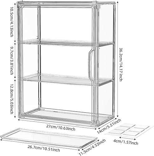 Miniatura 5 de Vitrina de acrílico transparente de 3 niveles para figuras coleccionables, 1 paquete de figuras de pasatiempos montadas en la pared con estantes